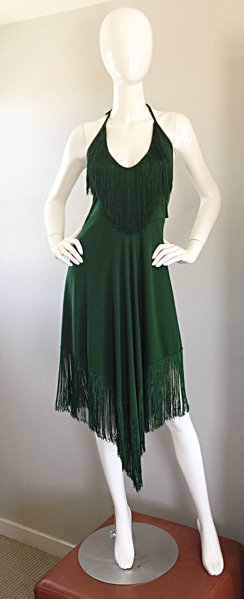 Spectacular 1970s David Howard Forest Green Fringed Handkerchief Vintage Dress 2