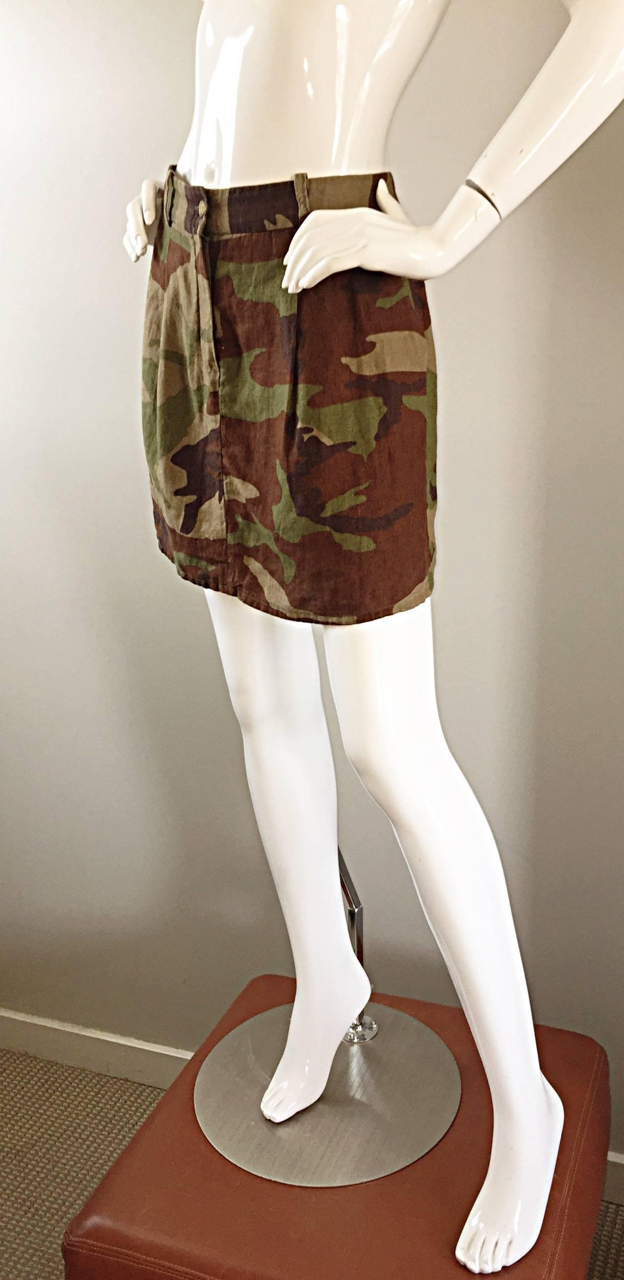 Michael Kors Collection 2013 Size 6 Runway Camouflage Green Brown Linen Skirt For Sale 3