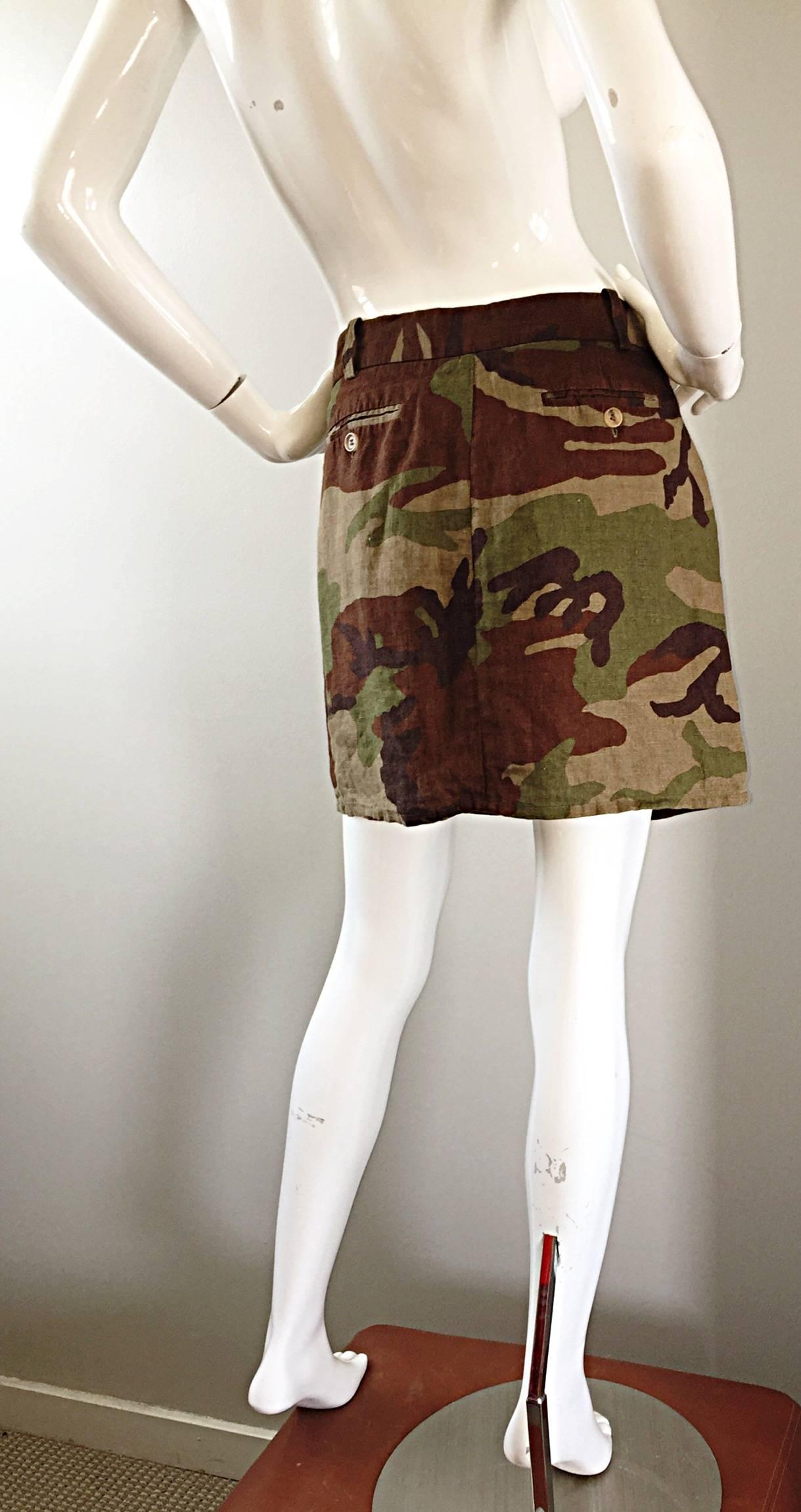Women's Michael Kors Collection 2013 Size 6 Runway Camouflage Green Brown Linen Skirt For Sale