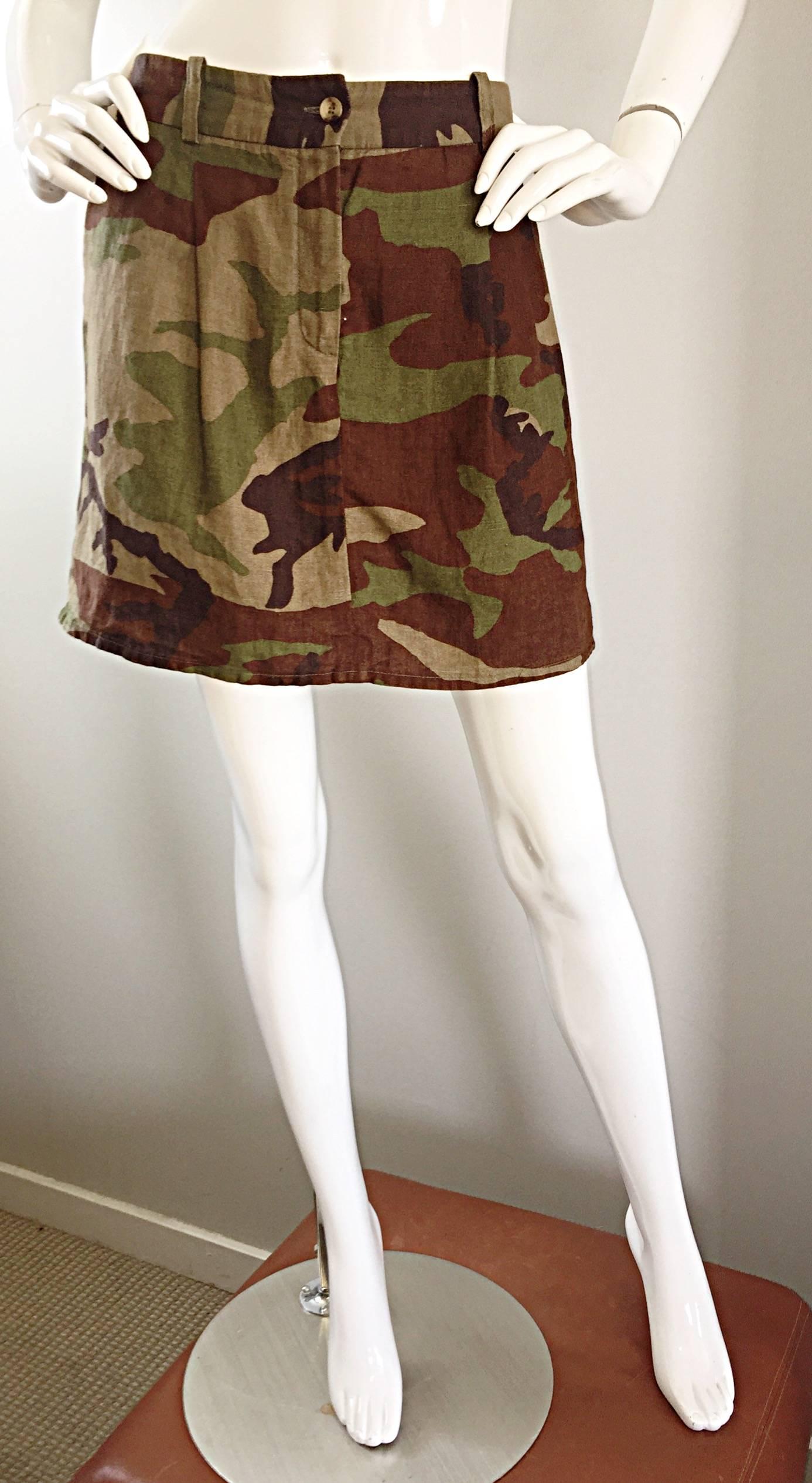 Michael Kors Collection 2013 Size 6 Runway Camouflage Green Brown Linen Skirt For Sale 1