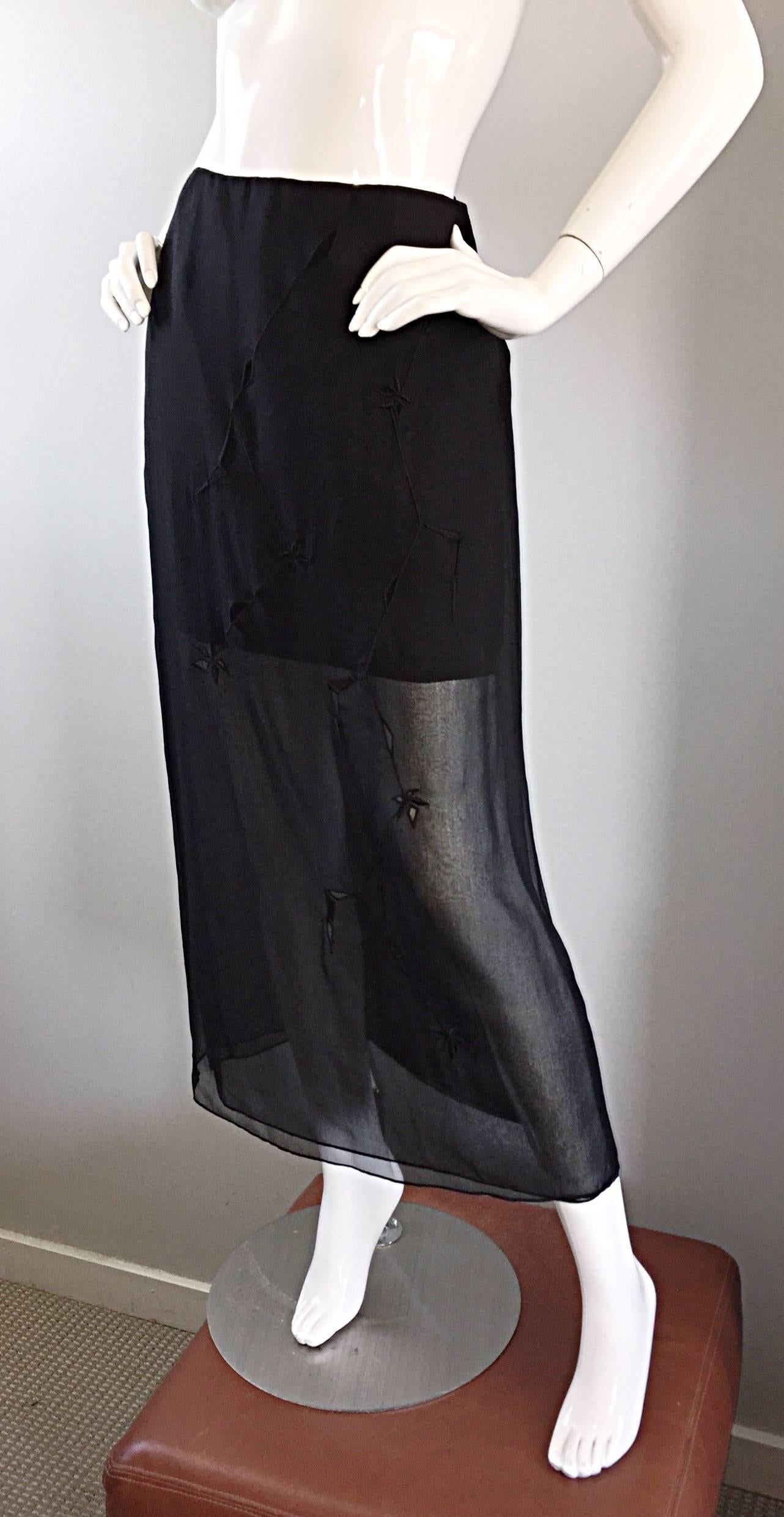 NWT 1990s Alberta Ferretti Saks 5th Ave Black Silk Mini Skirt w/ Chiffon Overlay For Sale 3