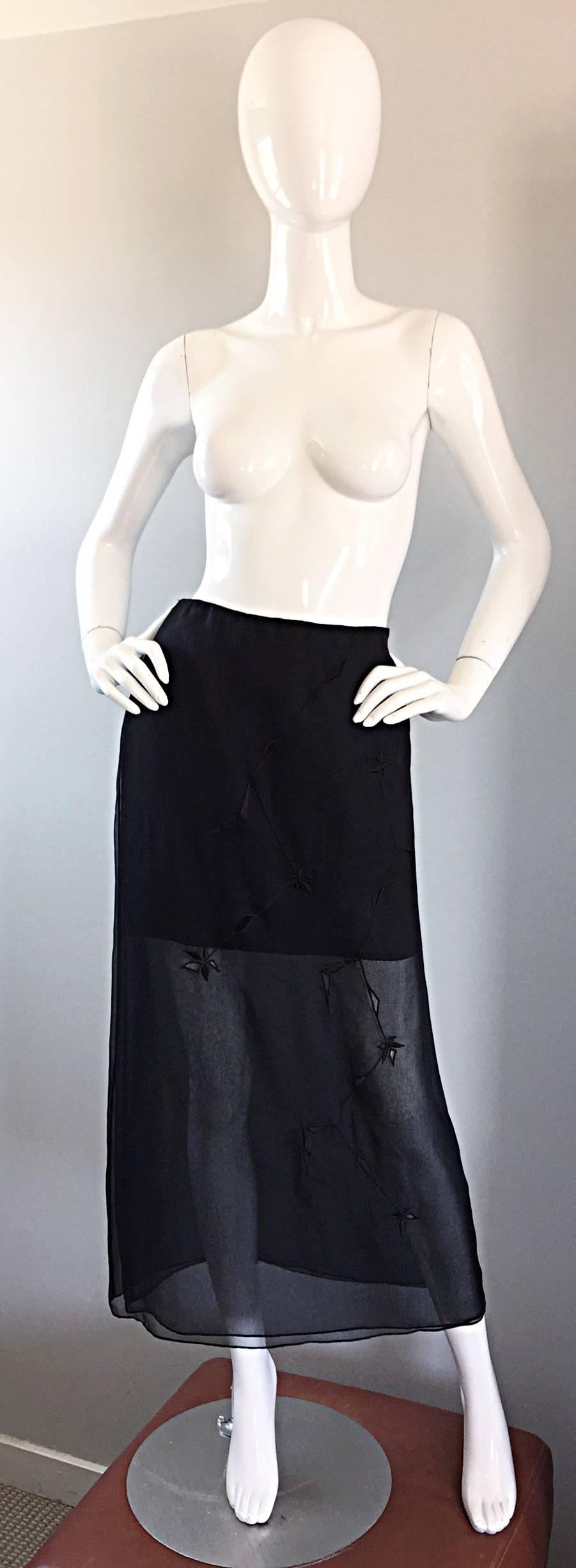 NWT 1990s Alberta Ferretti Saks 5th Ave Black Silk Mini Skirt w/ Chiffon Overlay For Sale 5