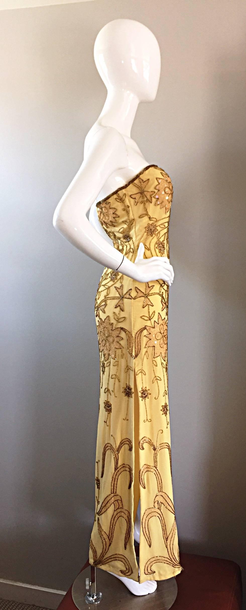 Orange Exceptional Vintage Lillie Rubin Yellow Silk Chiffon Beaded Strapless Gown Dress
