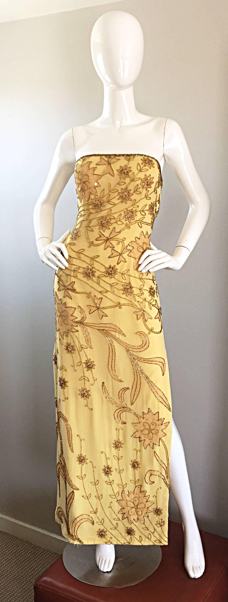 Exceptional vintage LILLIE RUBIN yellow silk chiffon beaded strapless gown! Intricate amount of workmanship was put into the creation of this Grecian beauty! Thousands of hand - sewn beads and sequins throughout the entire dress. Features two slits