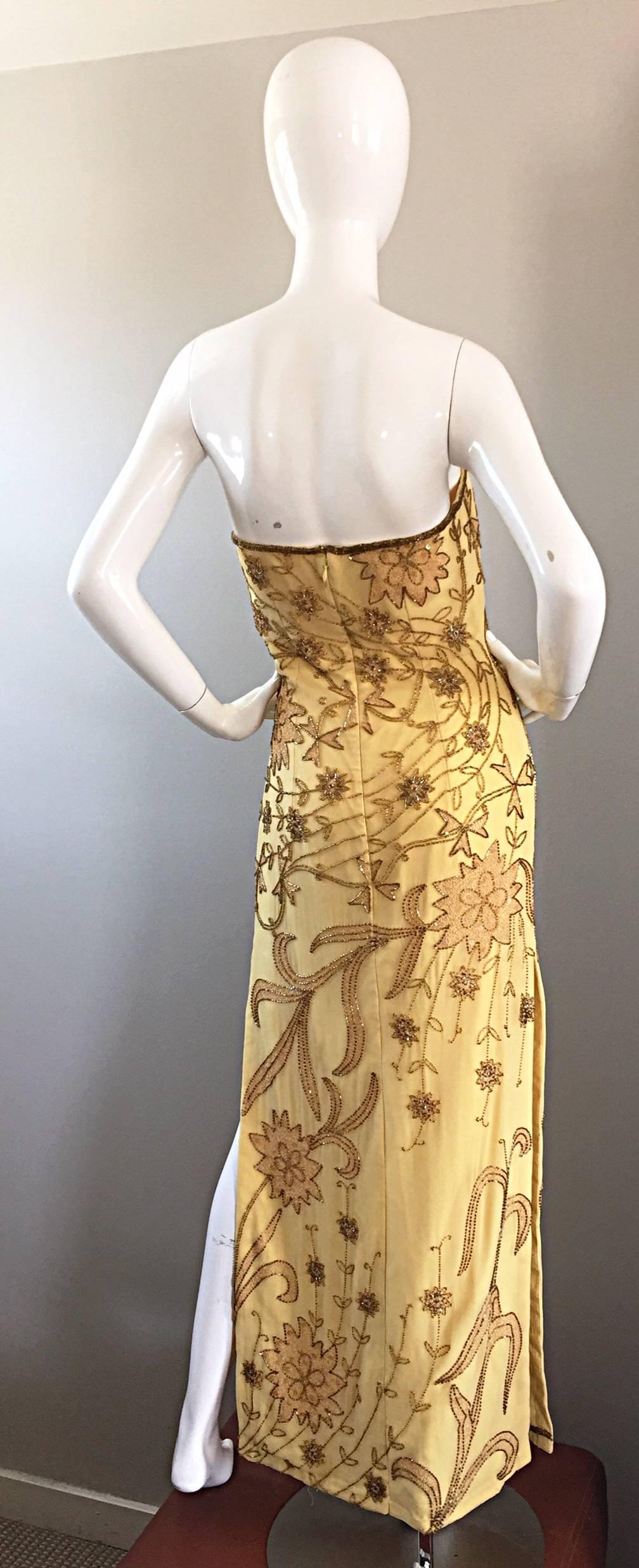 Exceptional Vintage Lillie Rubin Yellow Silk Chiffon Beaded Strapless Gown Dress In Excellent Condition In San Diego, CA