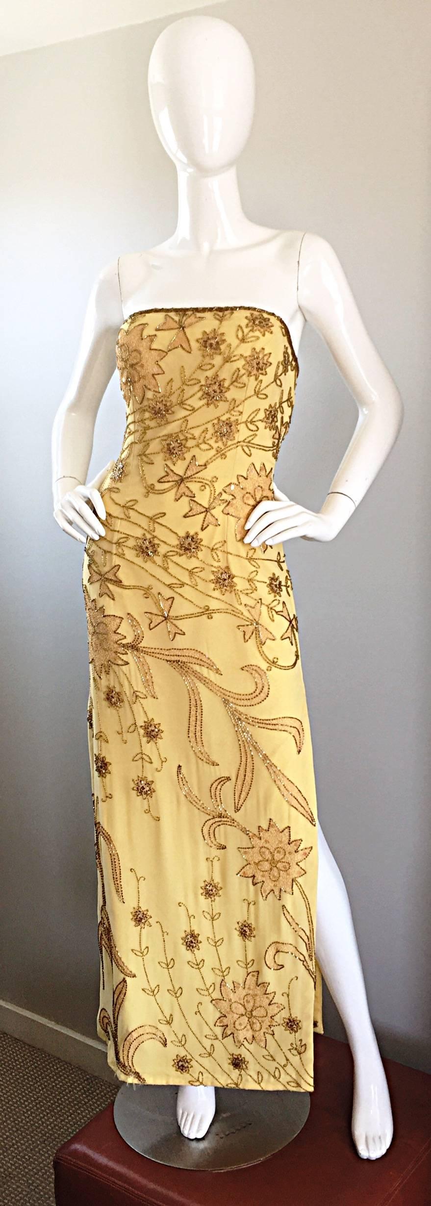 Women's Exceptional Vintage Lillie Rubin Yellow Silk Chiffon Beaded Strapless Gown Dress