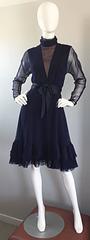 1960s Kiki Hart Navy Blue Silk Chiffon Nude Illusion Belted Bow Ruffle Dress