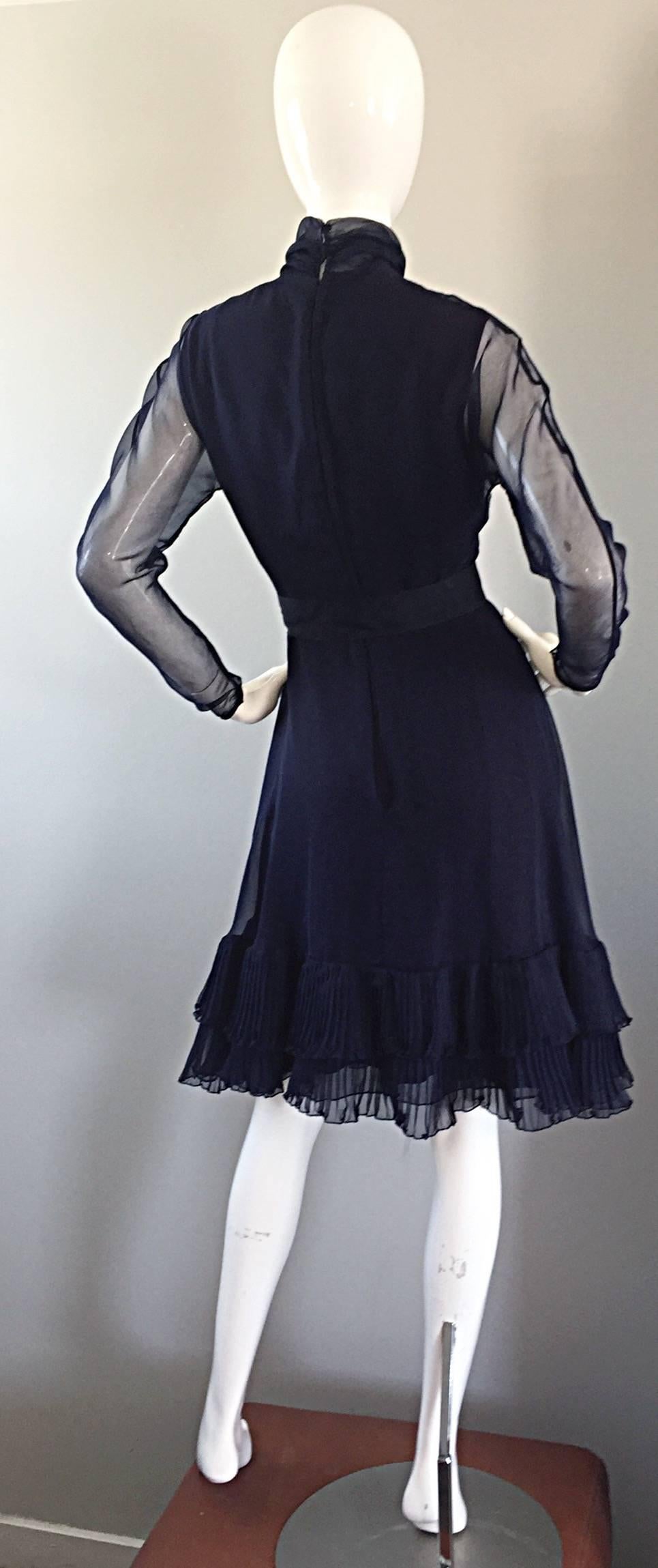 Women's 1960s Kiki Hart Navy Blue Silk Chiffon Nude Illusion Belted Bow Ruffle Dress For Sale