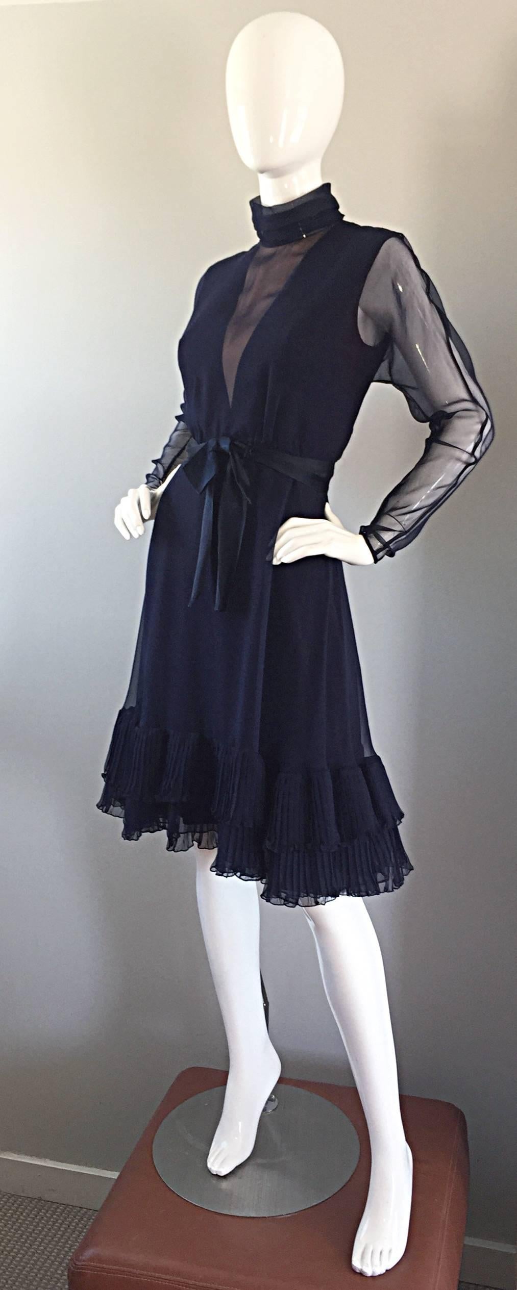 1960s Kiki Hart Navy Blue Silk Chiffon Nude Illusion Belted Bow Ruffle Dress In Excellent Condition For Sale In San Diego, CA