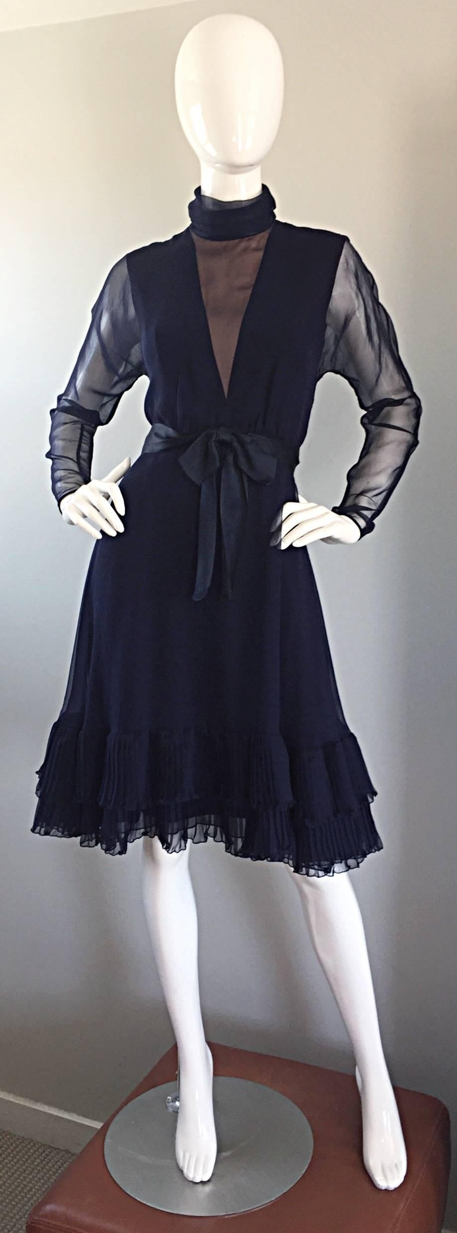 1960s Kiki Hart Navy Blue Silk Chiffon Nude Illusion Belted Bow Ruffle Dress For Sale 1
