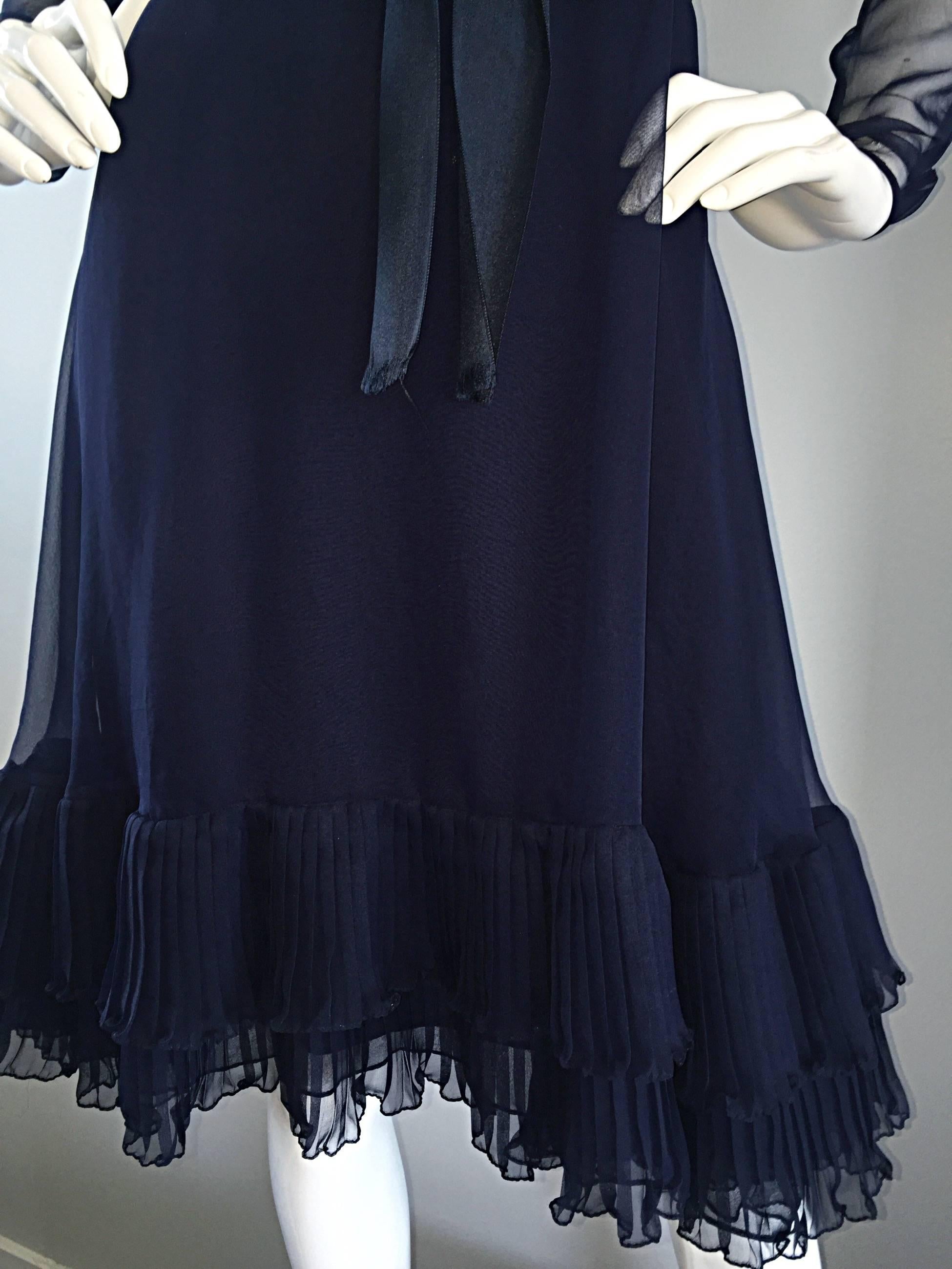 Black 1960s Kiki Hart Navy Blue Silk Chiffon Nude Illusion Belted Bow Ruffle Dress For Sale