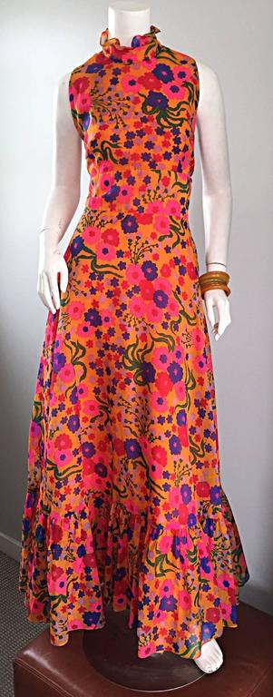 Amazing 1970s 70s Colorful Psychedelic Chiffon Floral Ruffle Vintage ...