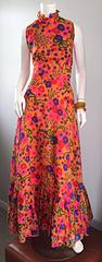 Amazing 1970s 70s Colorful Psychedelic Chiffon Floral Ruffle Vintage Maxi Dress