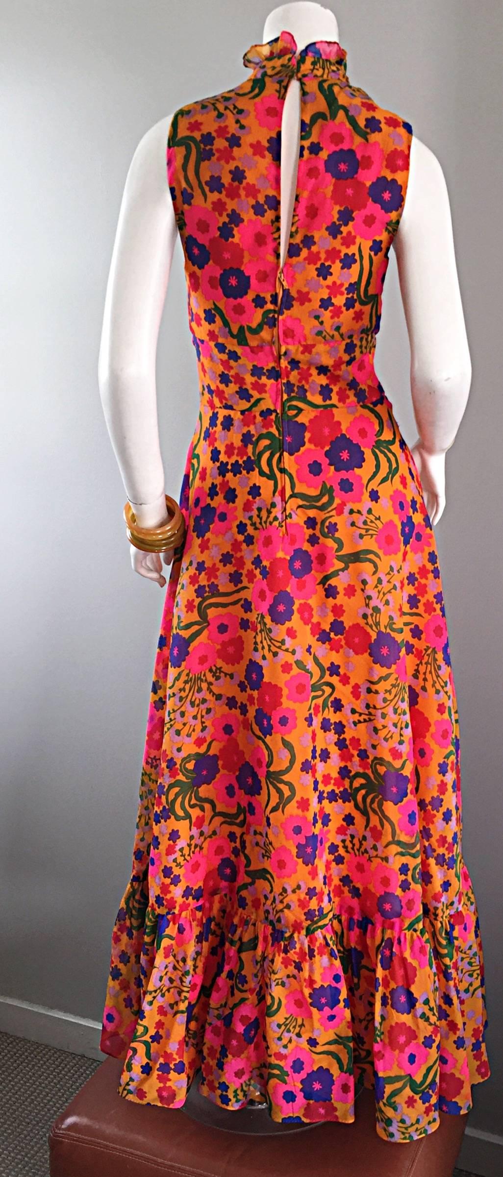 Amazing 1970s 70s Colorful Psychedelic Chiffon Floral Ruffle Vintage Maxi Dress 2