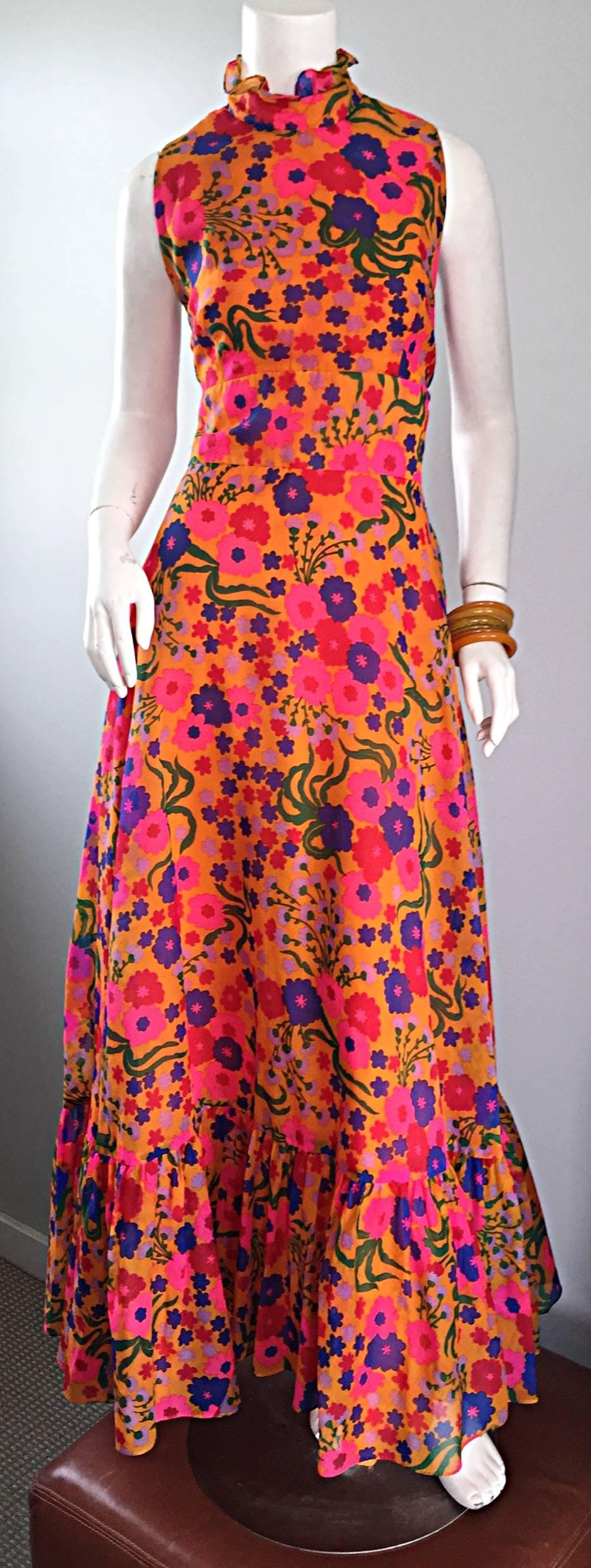 Amazing 1970s 70s Colorful Psychedelic Chiffon Floral Ruffle Vintage Maxi Dress 3