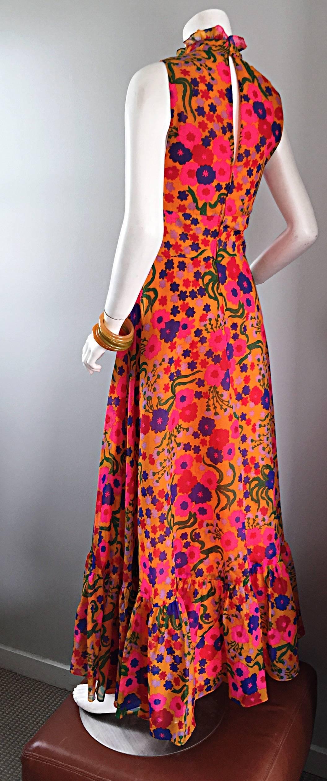 Women's Amazing 1970s 70s Colorful Psychedelic Chiffon Floral Ruffle Vintage Maxi Dress