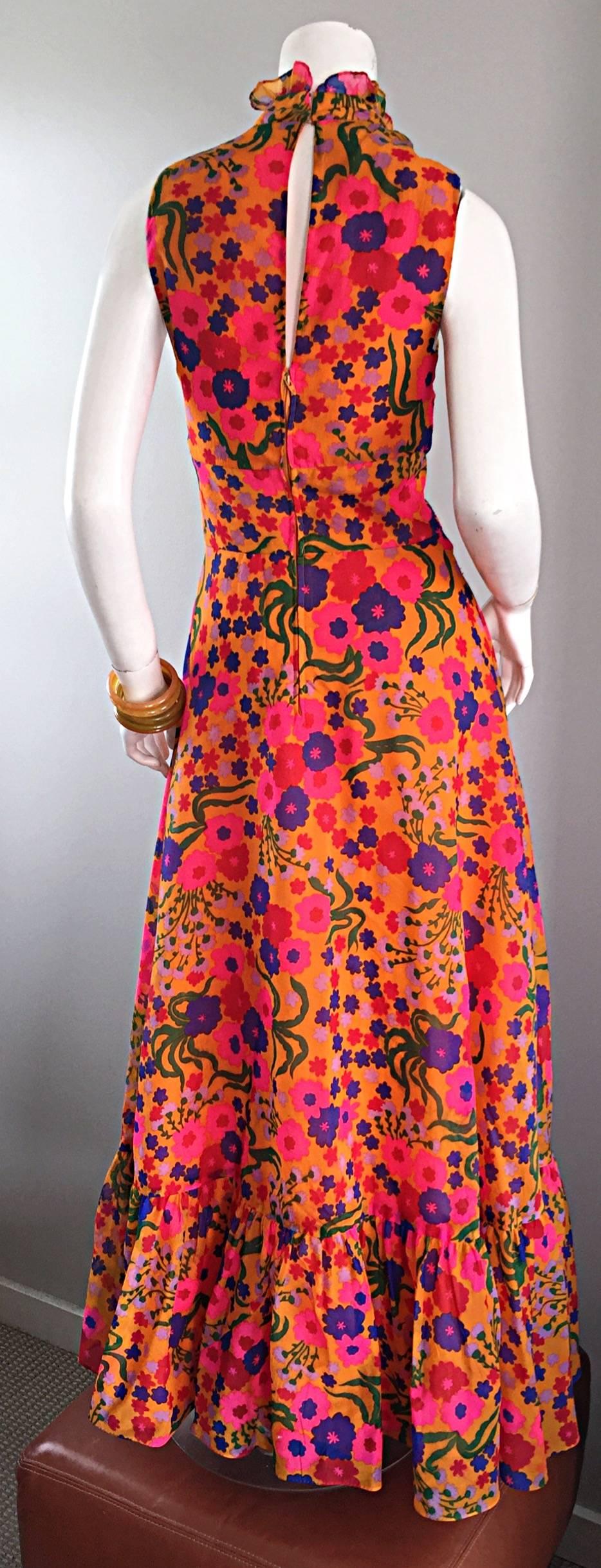 Amazing 1970s 70s Colorful Psychedelic Chiffon Floral Ruffle Vintage Maxi Dress In Excellent Condition In San Diego, CA