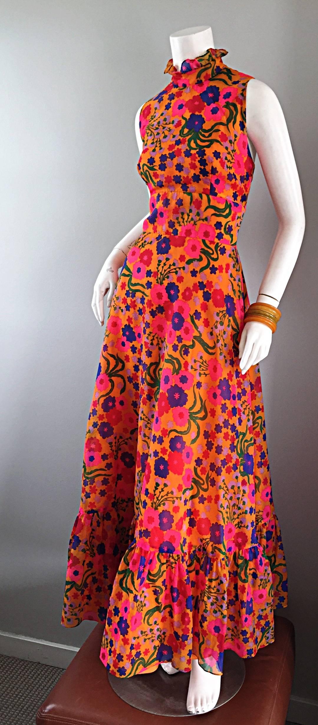 Amazing 1970s 70s Colorful Psychedelic Chiffon Floral Ruffle Vintage Maxi Dress 1