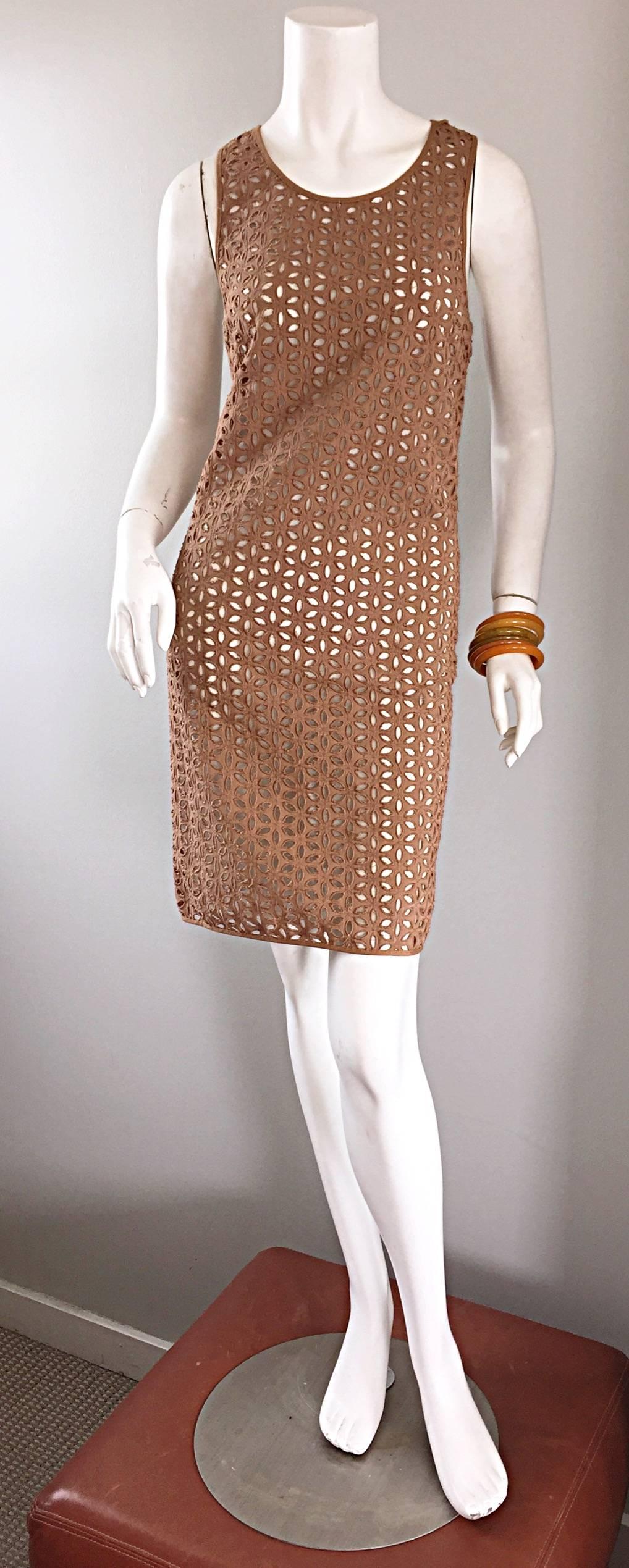 Chic brand new DEREK LAM taupe / light brown crochet cut-out dress with separate matching ivory spaghetti strap slip. Hidden zipper up the side with hook-and-eye closure. Great shift fit that hugs the body in all the right places, whilst remaining