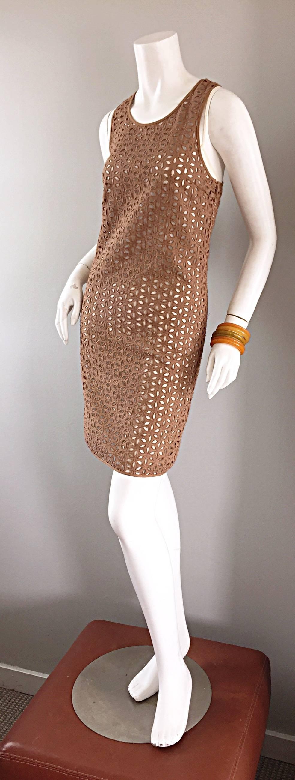 Derek Lam Chic Taupe Light Brown Crochet Cut - Out Dress & Slip In New Condition For Sale In San Diego, CA