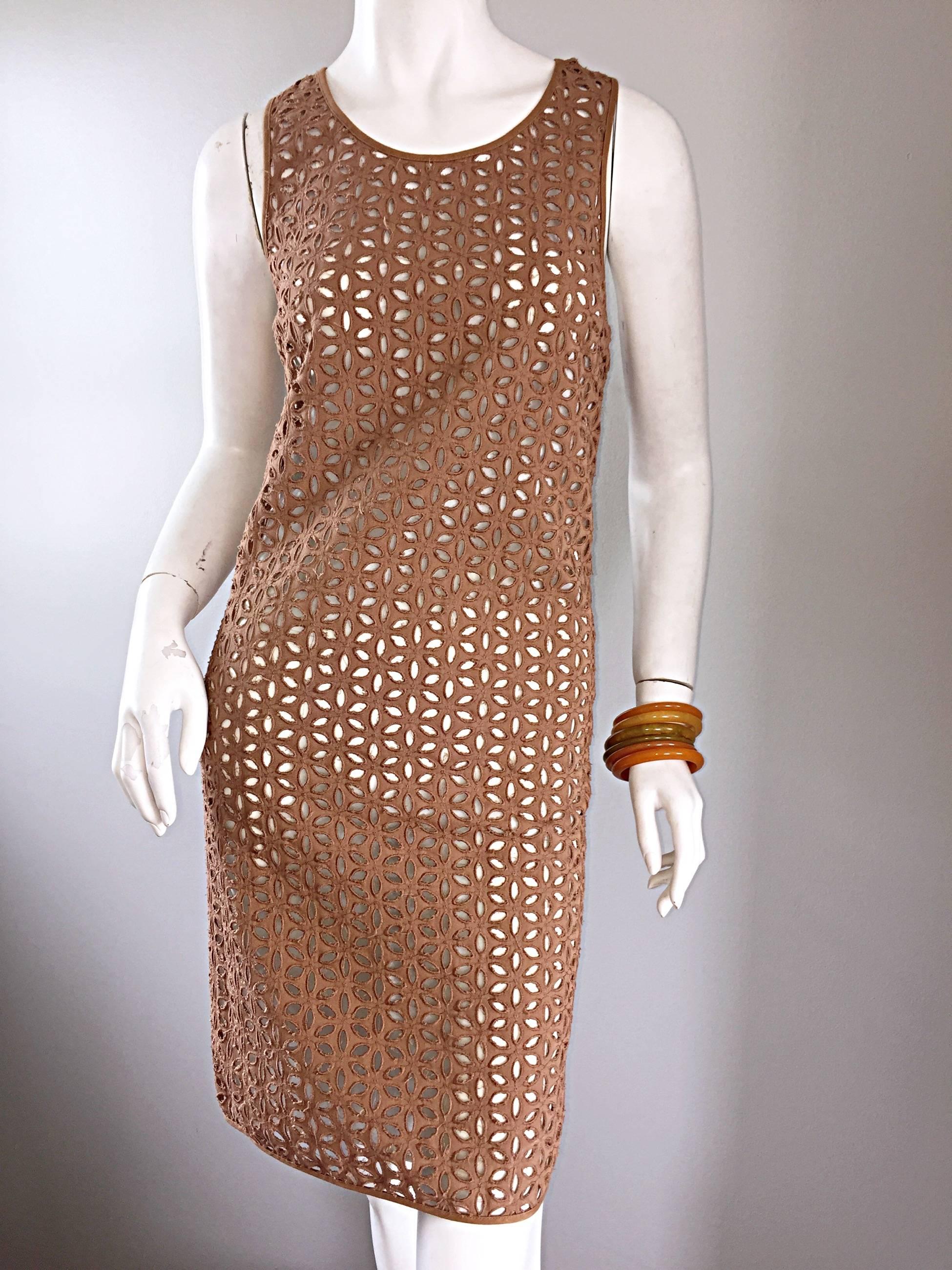 Women's Derek Lam Chic Taupe Light Brown Crochet Cut - Out Dress & Slip For Sale