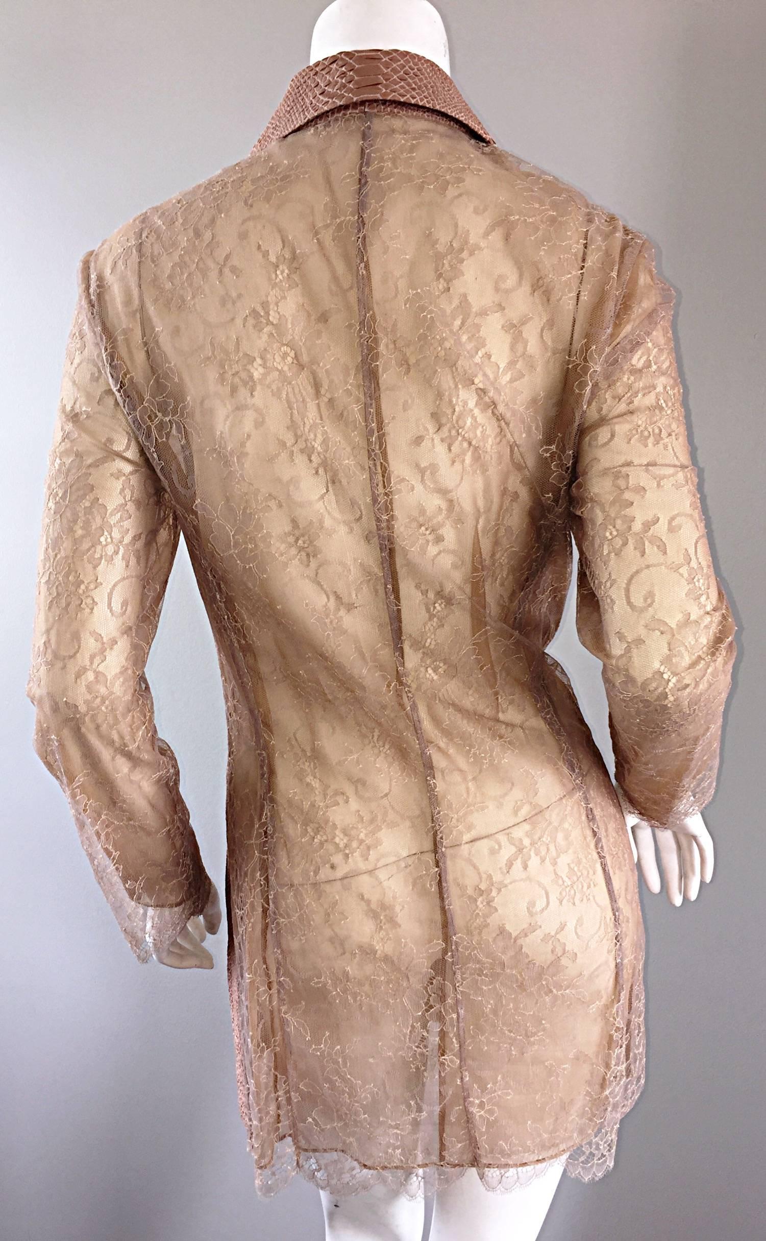 Gianfranco Ferre Vintage Años 90 Rosa + Nude Piel de Serpiente + Encaje Chaqueta Blazer de Seda Marrón en venta