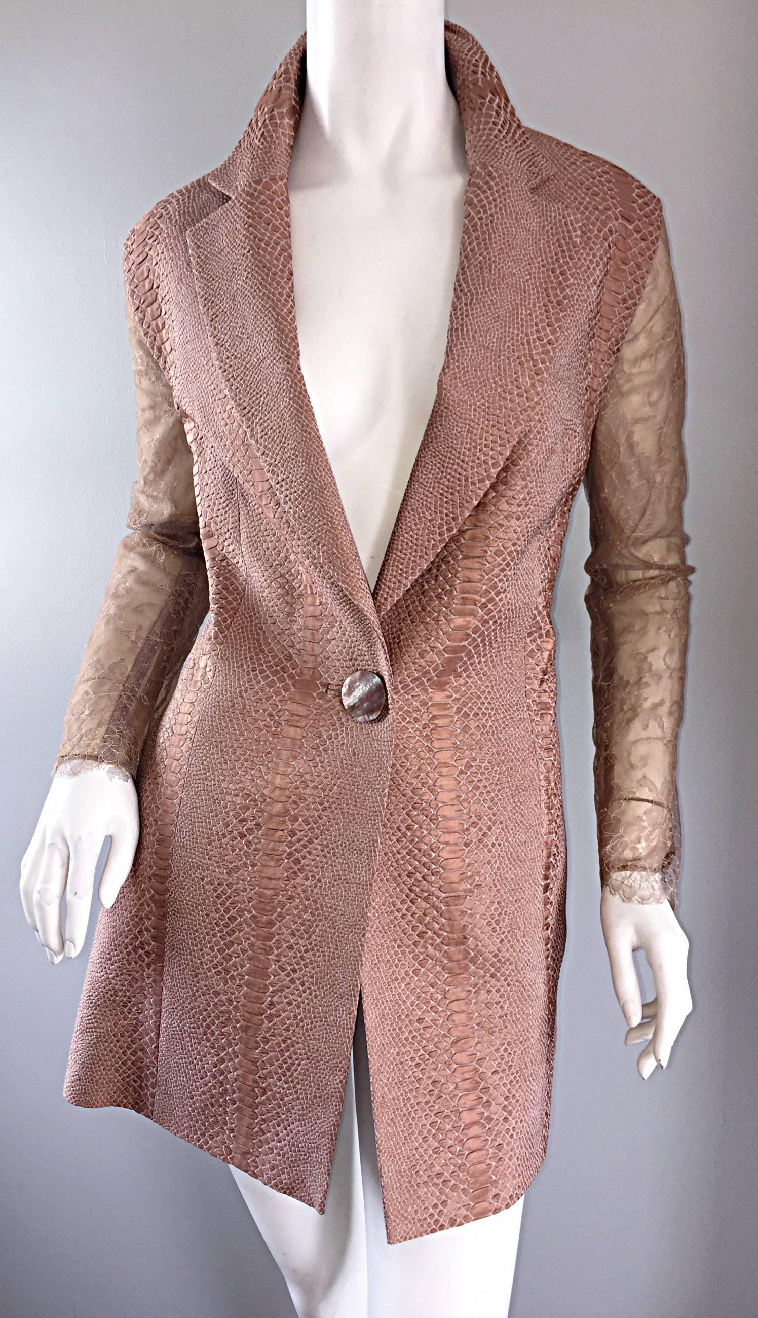 De las mujeres Gianfranco Ferre Vintage Años 90 Rosa + Nude Piel de Serpiente + Encaje Chaqueta Blazer de Seda en venta