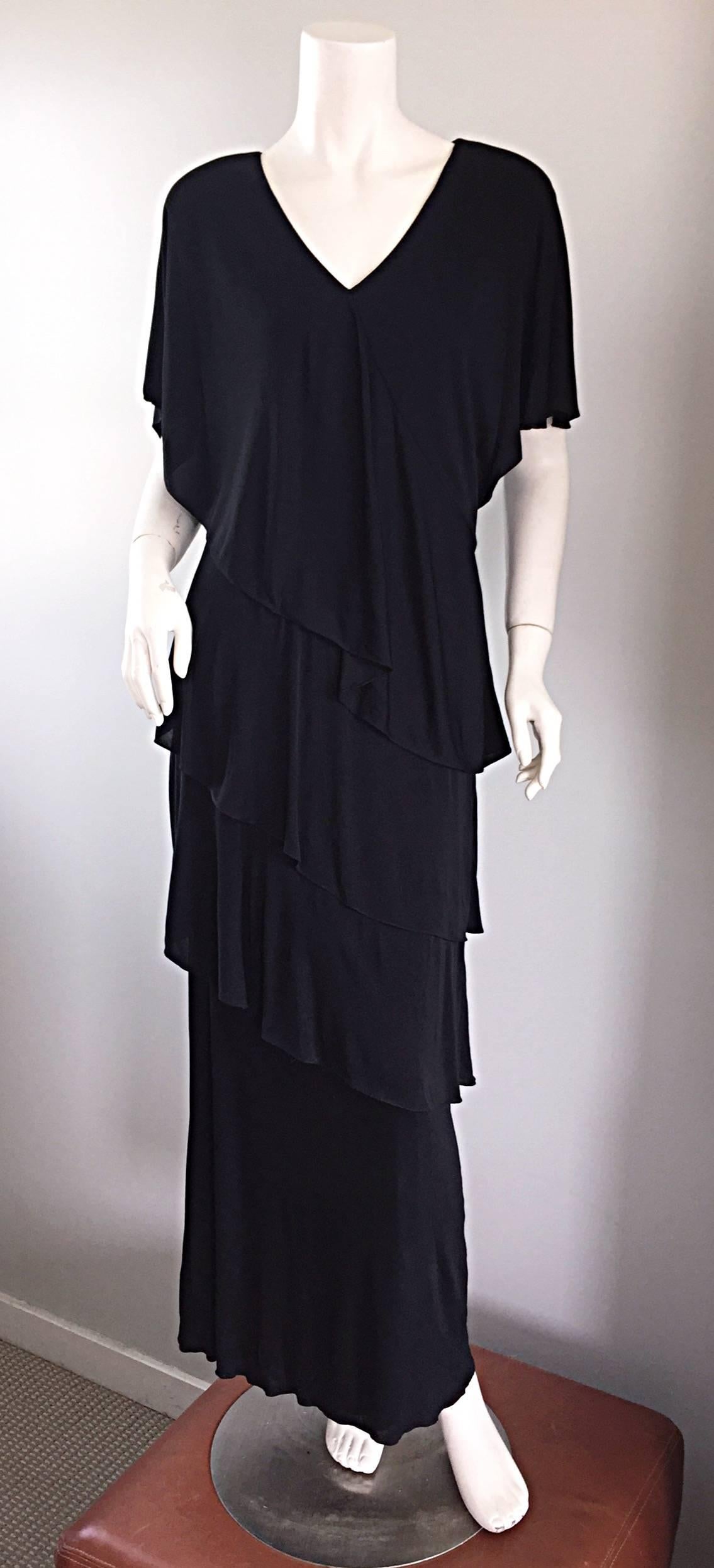 Vintage Holly's Harp Black Silk Jersey Signature Tiered Layered Boho Dress Gown 1