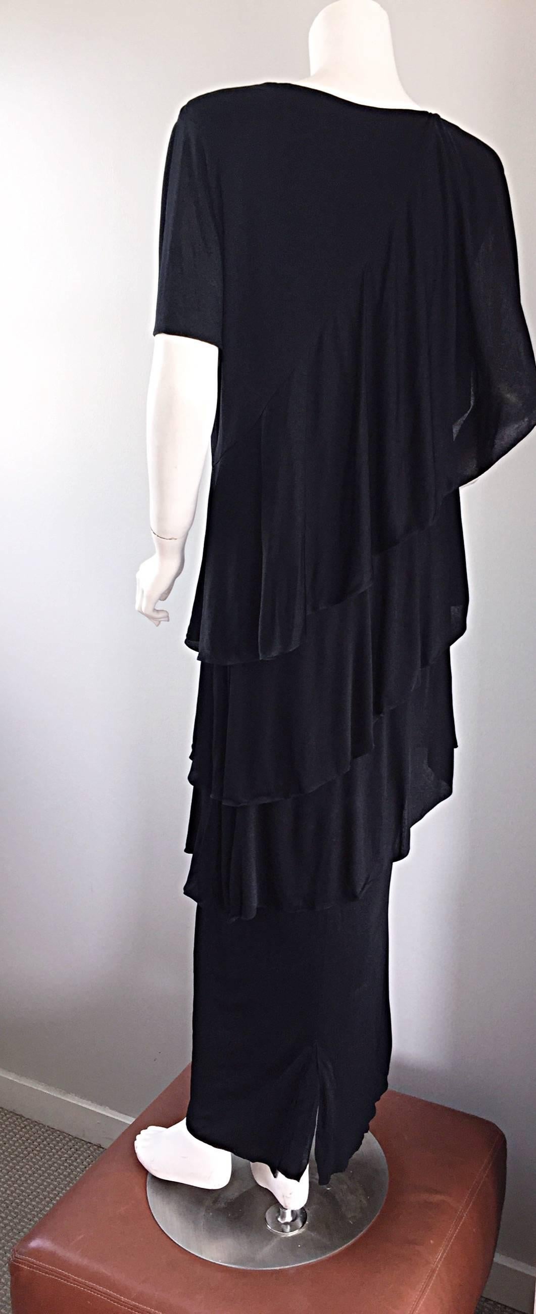 Vintage Holly's Harp Black Silk Jersey Signature Tiered Layered Boho Dress Gown 4