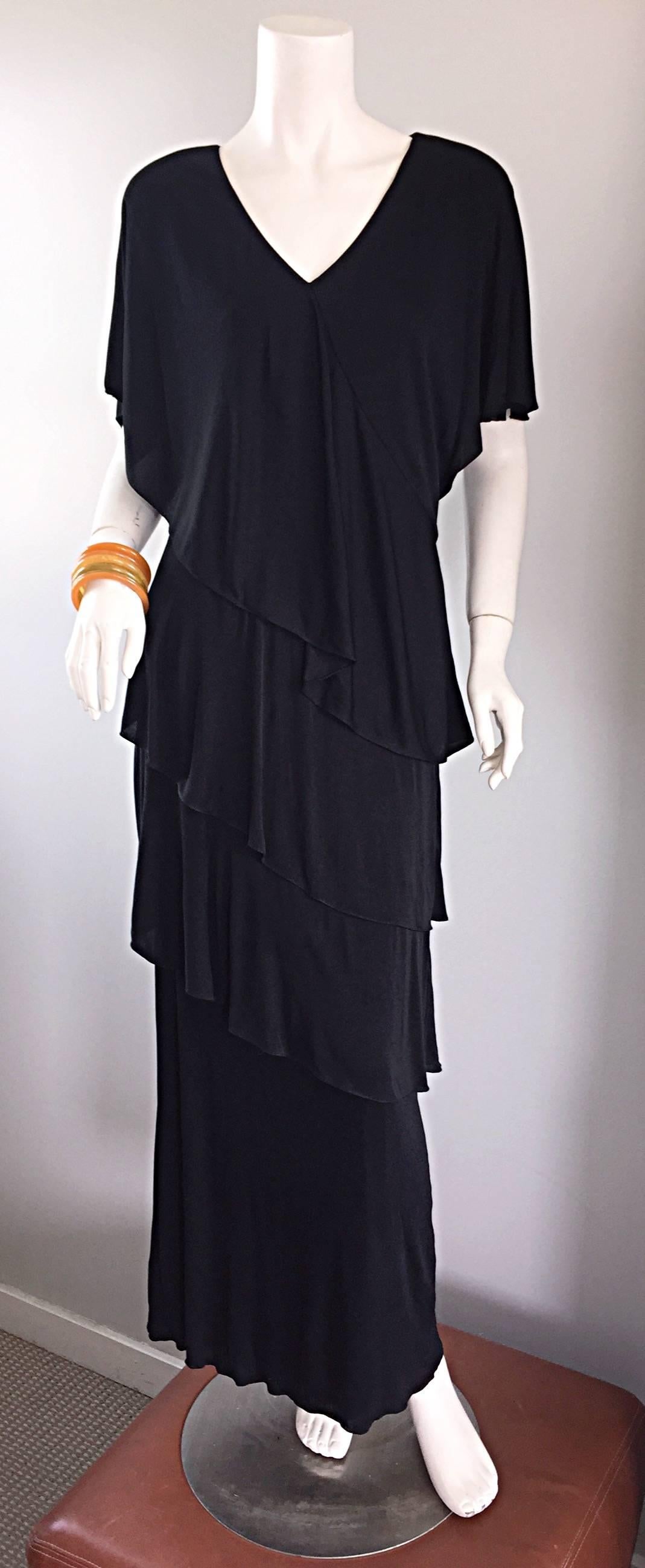 Vintage Holly's Harp Black Silk Jersey Signature Tiered Layered Boho Dress Gown 3