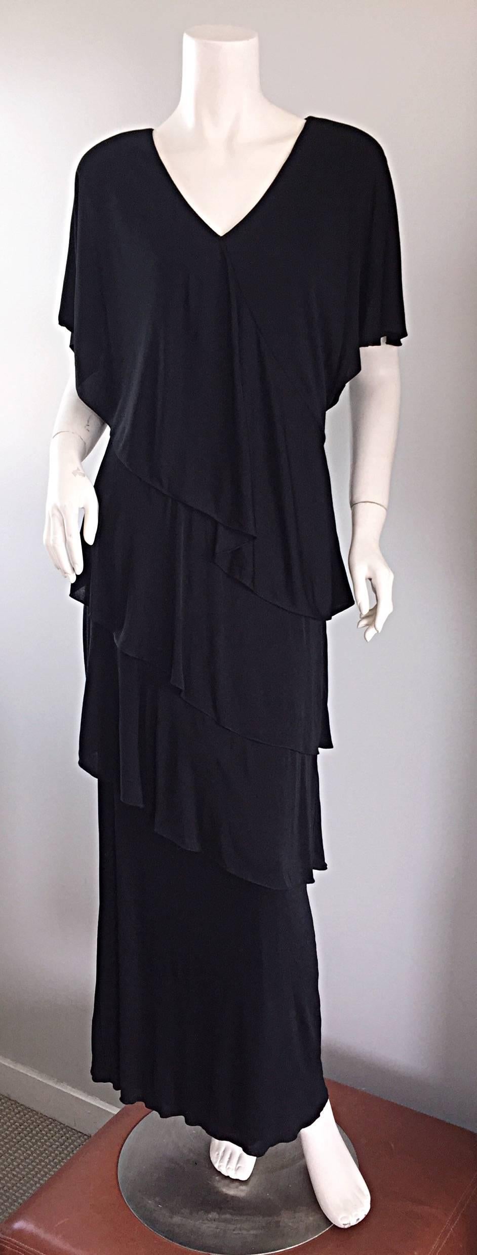 Vintage Holly's Harp Black Silk Jersey Signature Tiered Layered Boho Dress Gown 5