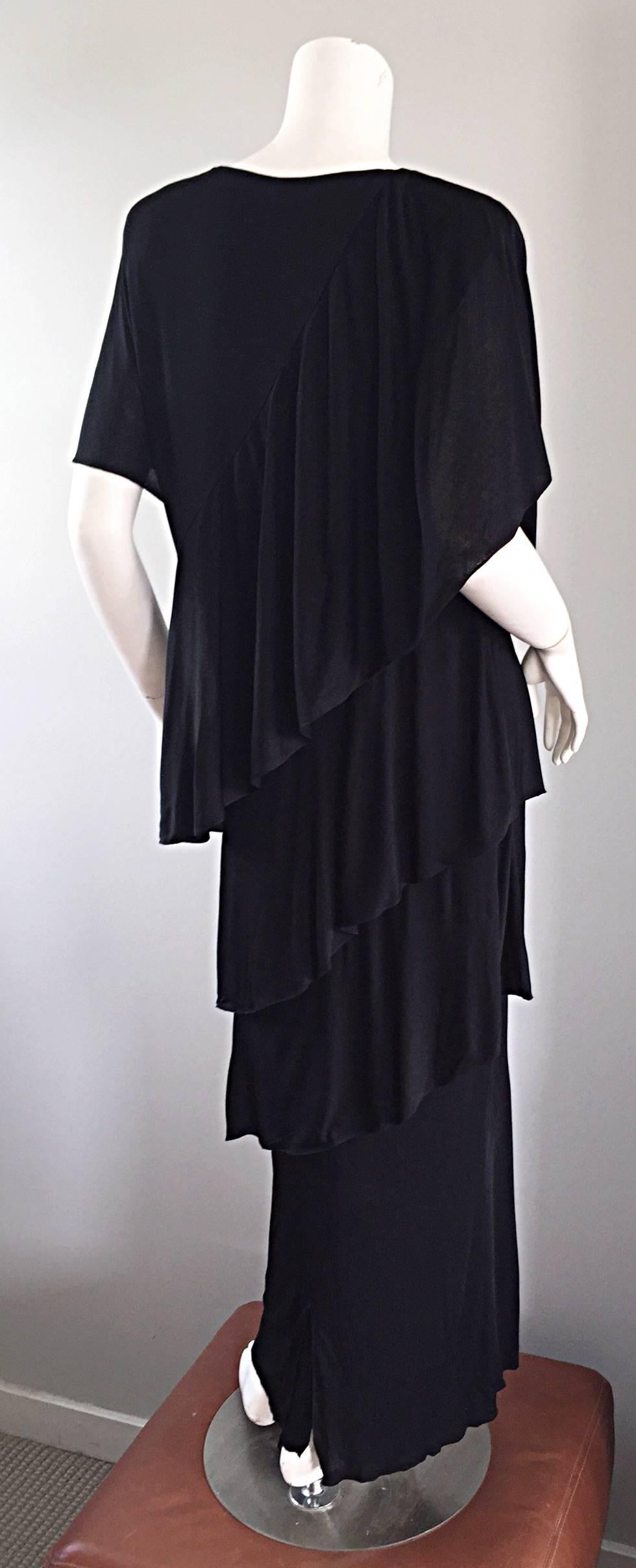 Vintage Holly's Harp Black Silk Jersey Signature Tiered Layered Boho Dress Gown 2