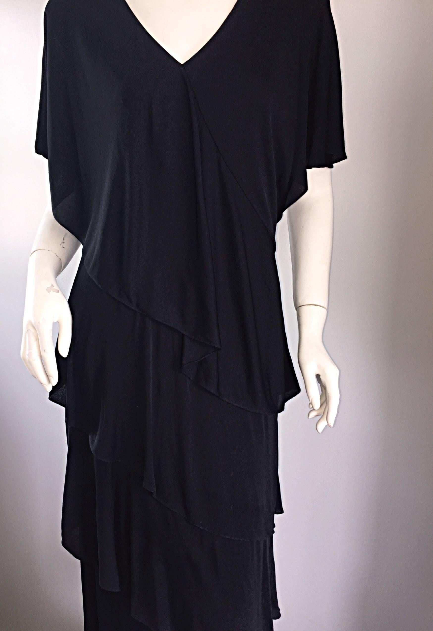 Vintage Holly's Harp Black Silk Jersey Signature Tiered Layered Boho Dress Gown In Excellent Condition In San Diego, CA