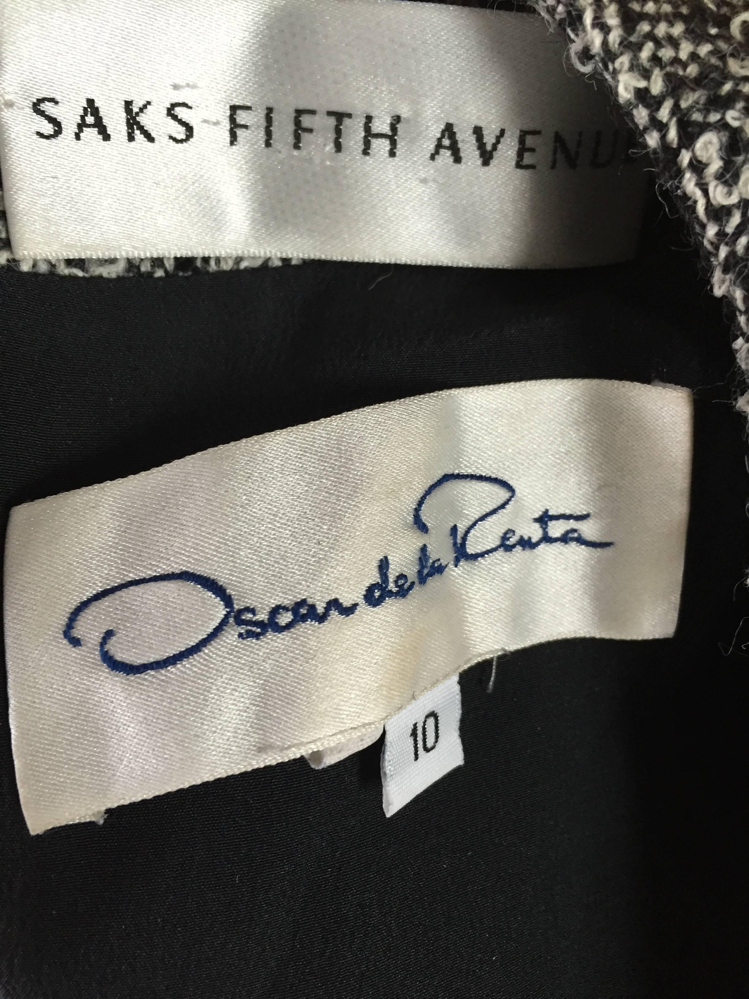 Oscar de la Renta 1990s Size 10 Black and White Tweed Long Sleeve Belted Dress  5