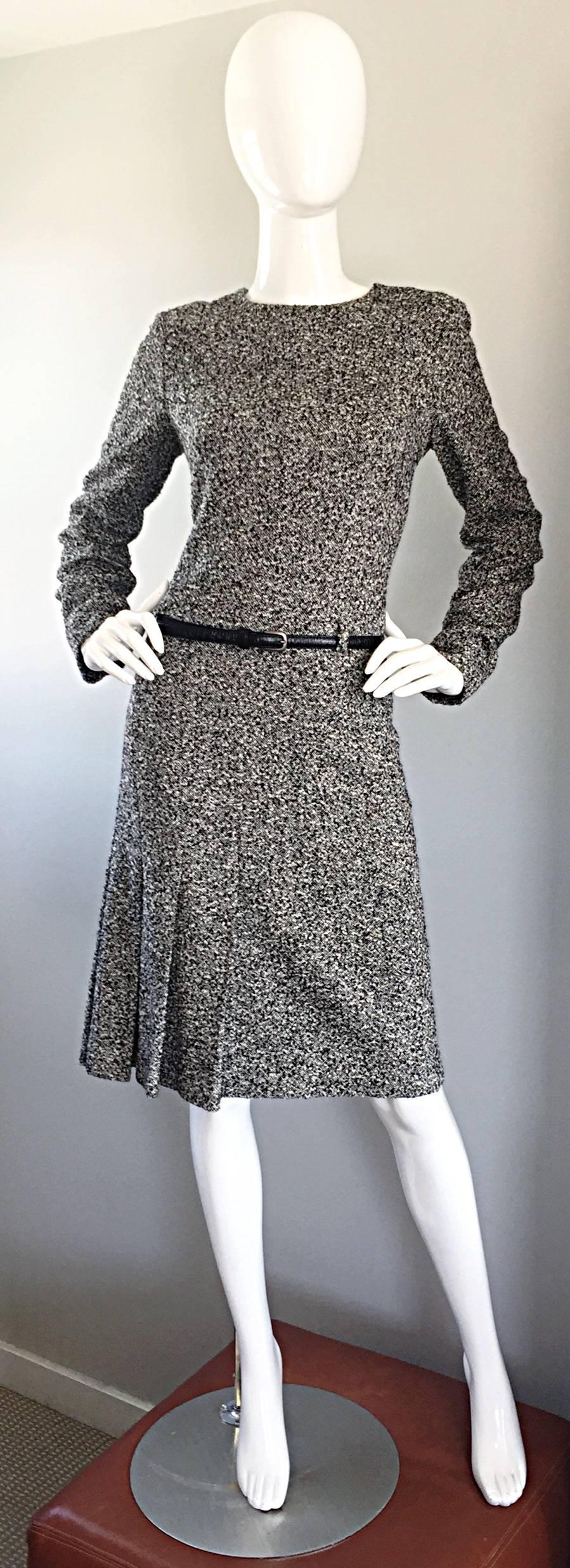 Sophisticated and Chic vintage 90s OSCAR DE LA RENTA , for SAKS 5th AVENUE, long sleeve black and white tweed belted dress! Amazing tailored fit with sleek long sleeves, and a thin detachable alligator embossed leather belt. Chic ruffle at left hem.
