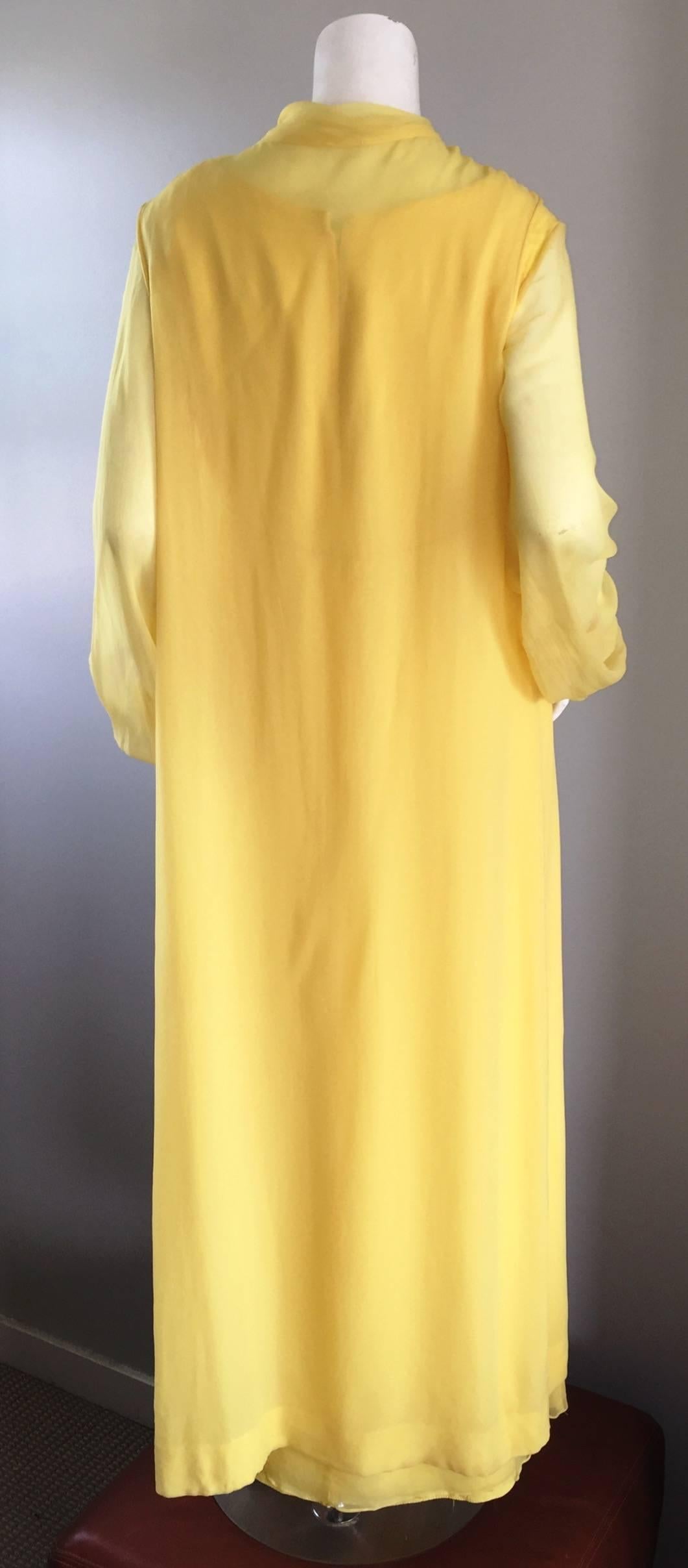 Incredible Loris Azzaro 70s Vintage Gown & Cape Yellow Silk Chiffon Rhinestones In Excellent Condition In San Diego, CA