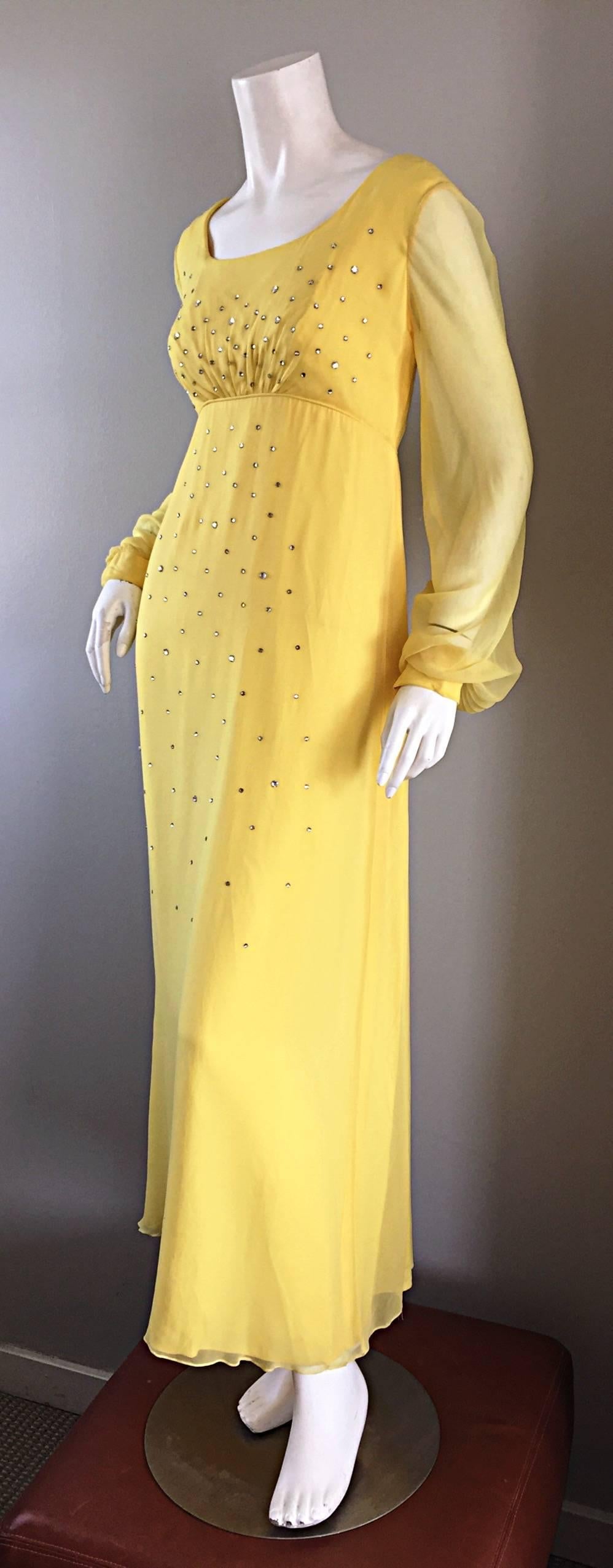 Women's Incredible Loris Azzaro 70s Vintage Gown & Cape Yellow Silk Chiffon Rhinestones