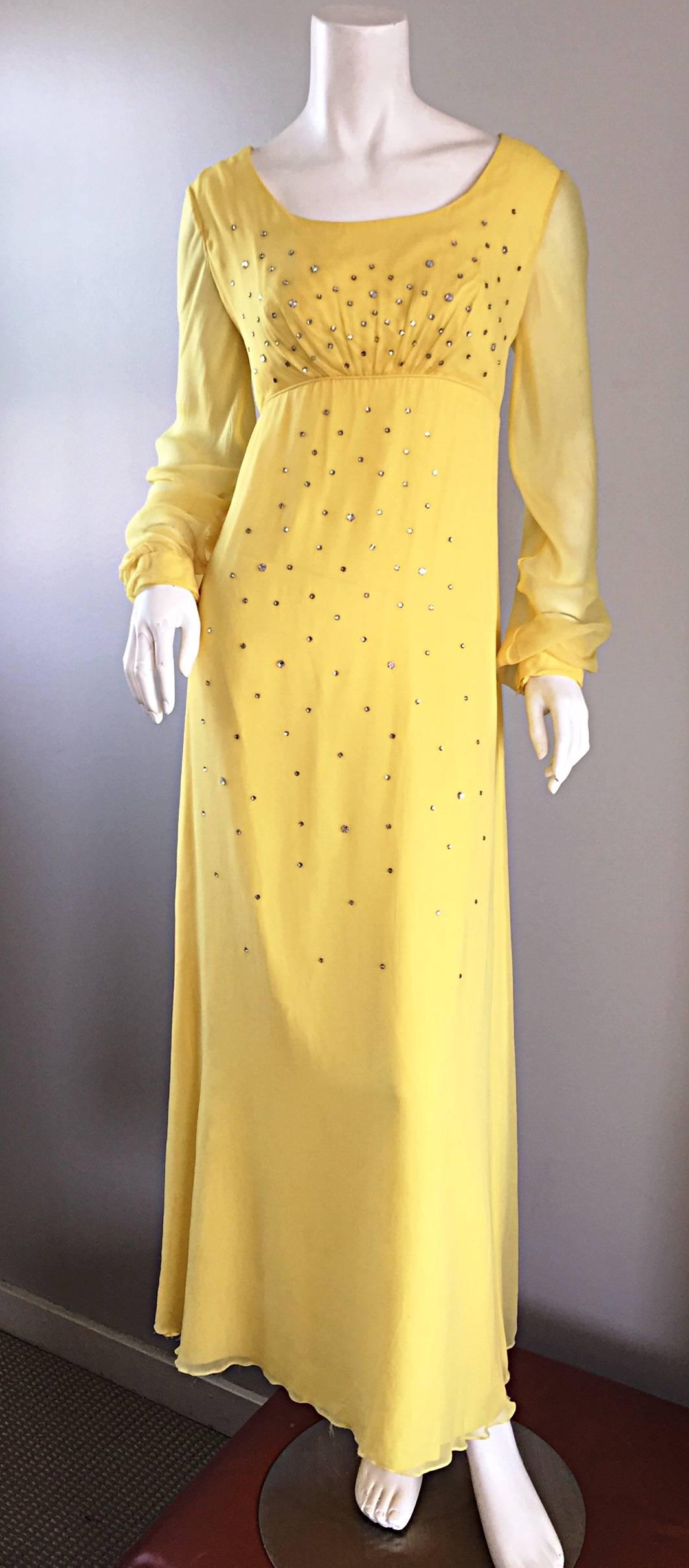 Incredible Loris Azzaro 70s Vintage Gown & Cape Yellow Silk Chiffon Rhinestones 1