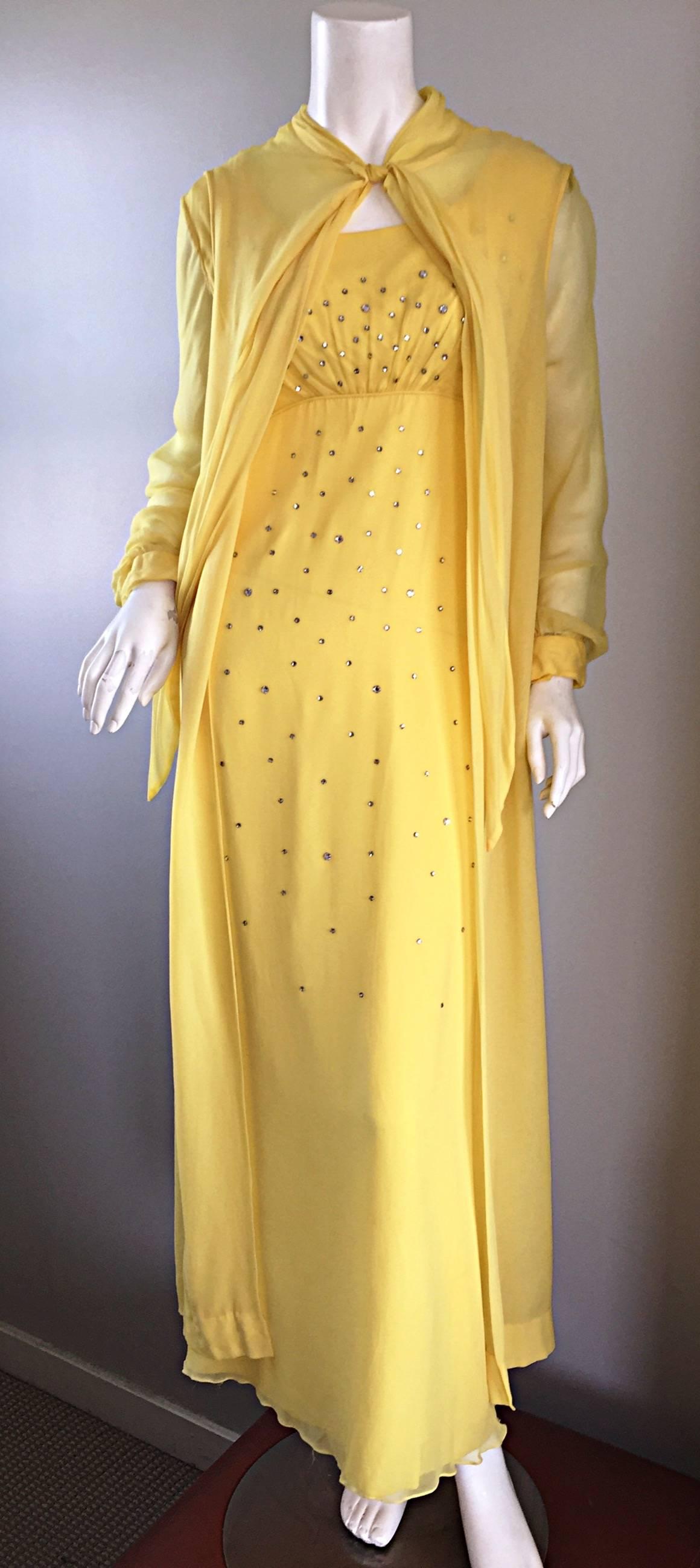 Incredible Loris Azzaro 70s Vintage Gown & Cape Yellow Silk Chiffon Rhinestones 2