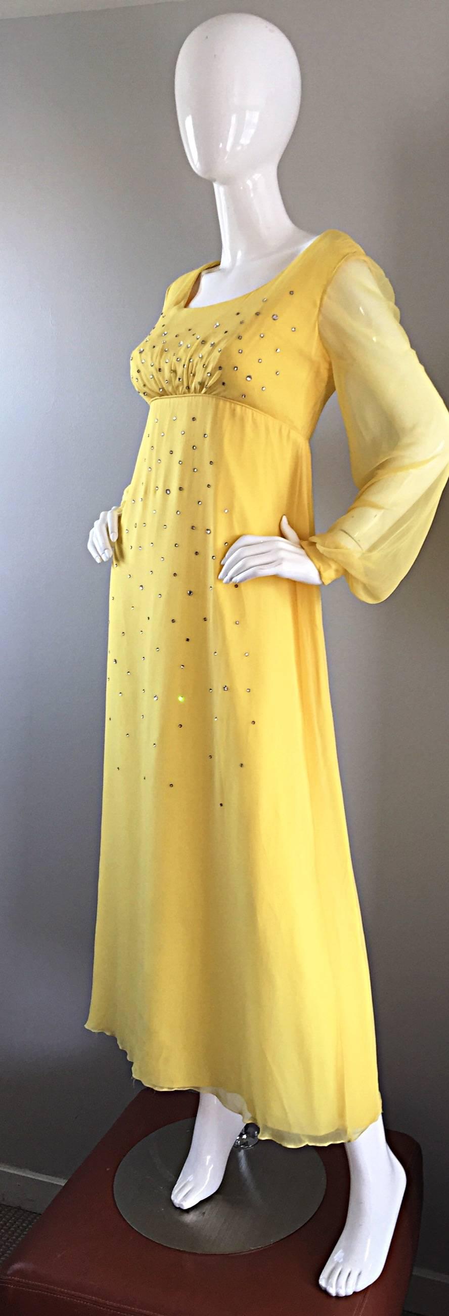 Orange Incredible Loris Azzaro 70s Vintage Gown & Cape Yellow Silk Chiffon Rhinestones