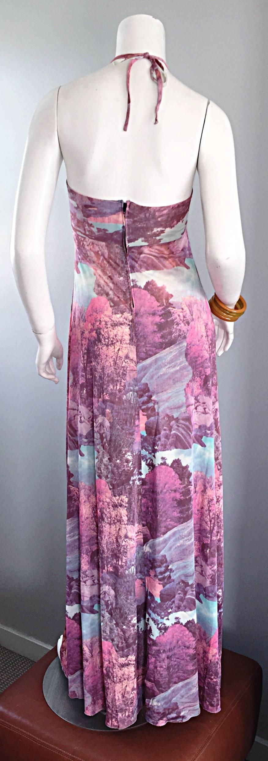 Women's Amazing 1970s Tree Print Novelty 70s Vintage Printed Waterfall Boho Maxi Dress 