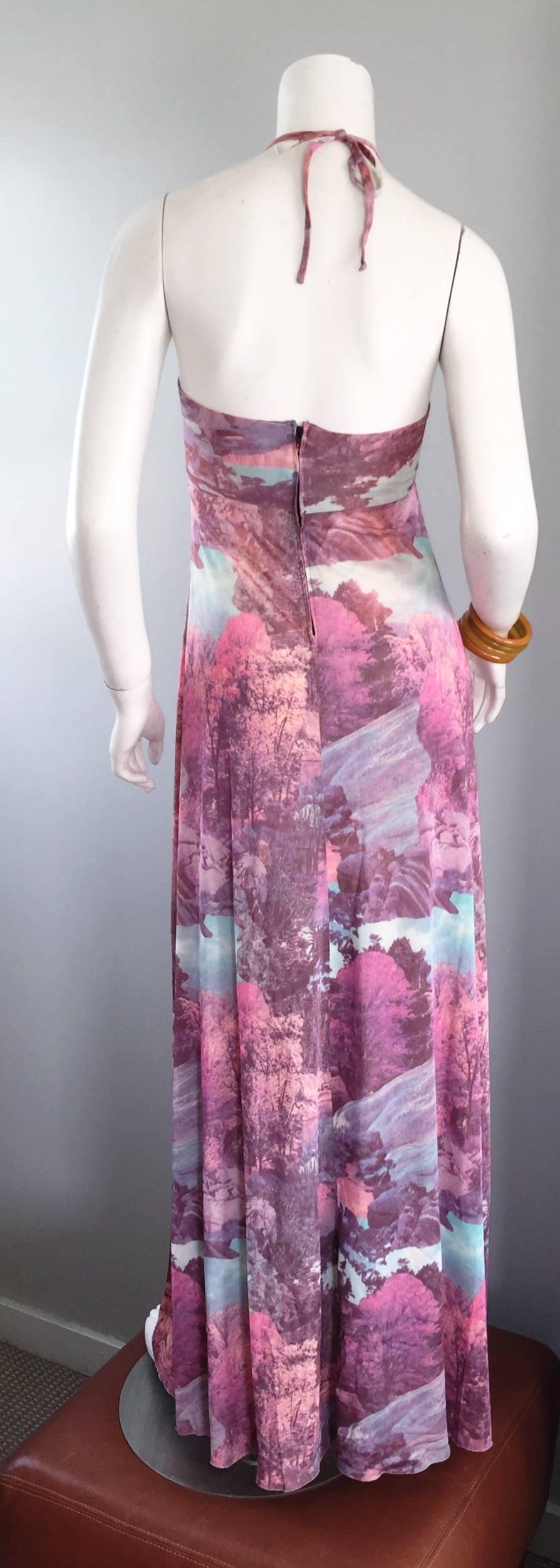 Amazing 1970s Tree Print Novelty 70s Vintage Printed Waterfall Boho Maxi Dress  4