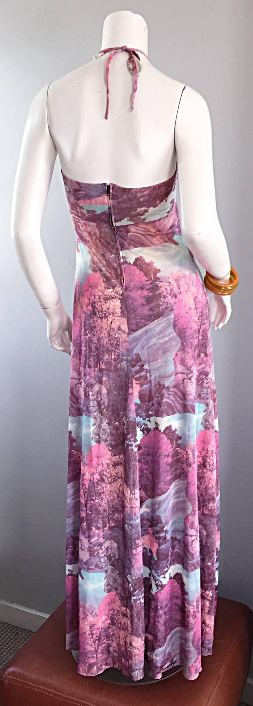 Amazing 1970s Tree Print Novelty 70s Vintage Printed Waterfall Boho Maxi Dress  2