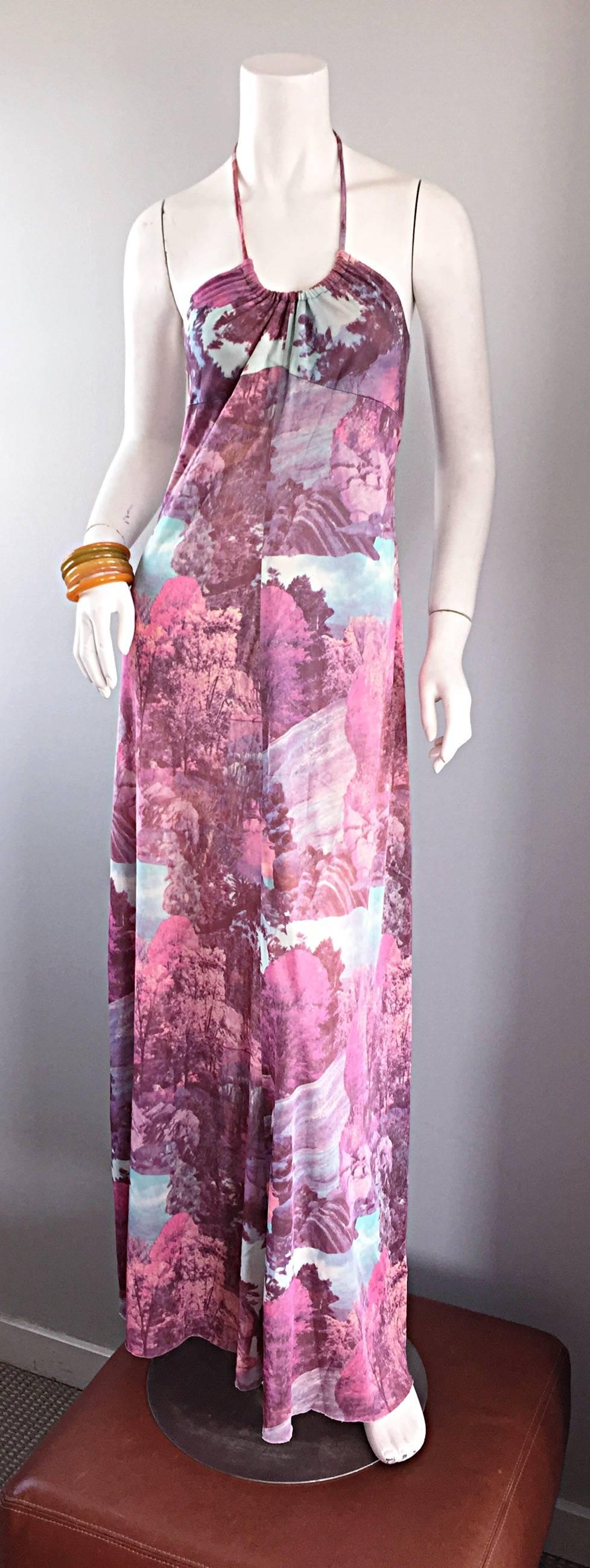 Amazing 1970s Tree Print Novelty 70s Vintage Printed Waterfall Boho Maxi Dress  5