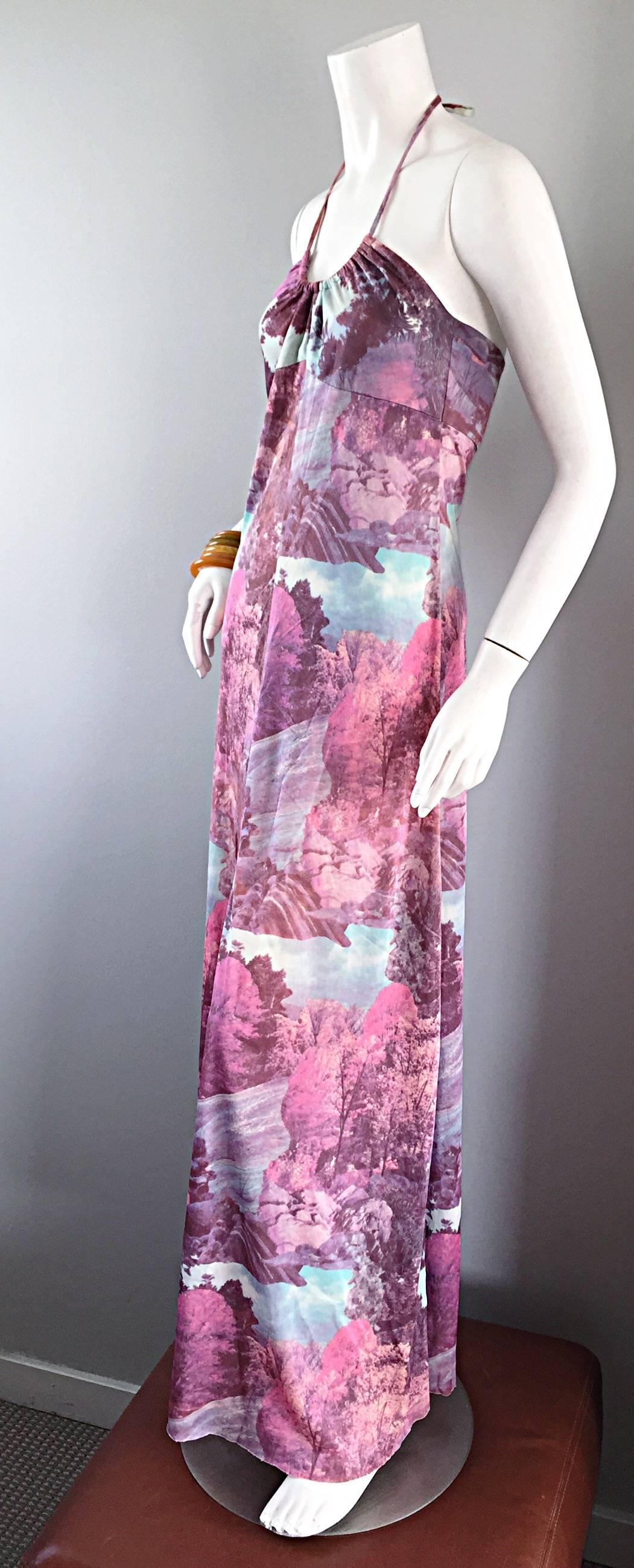 Amazing 1970s Tree Print Novelty 70s Vintage Printed Waterfall Boho Maxi Dress  In Excellent Condition In San Diego, CA