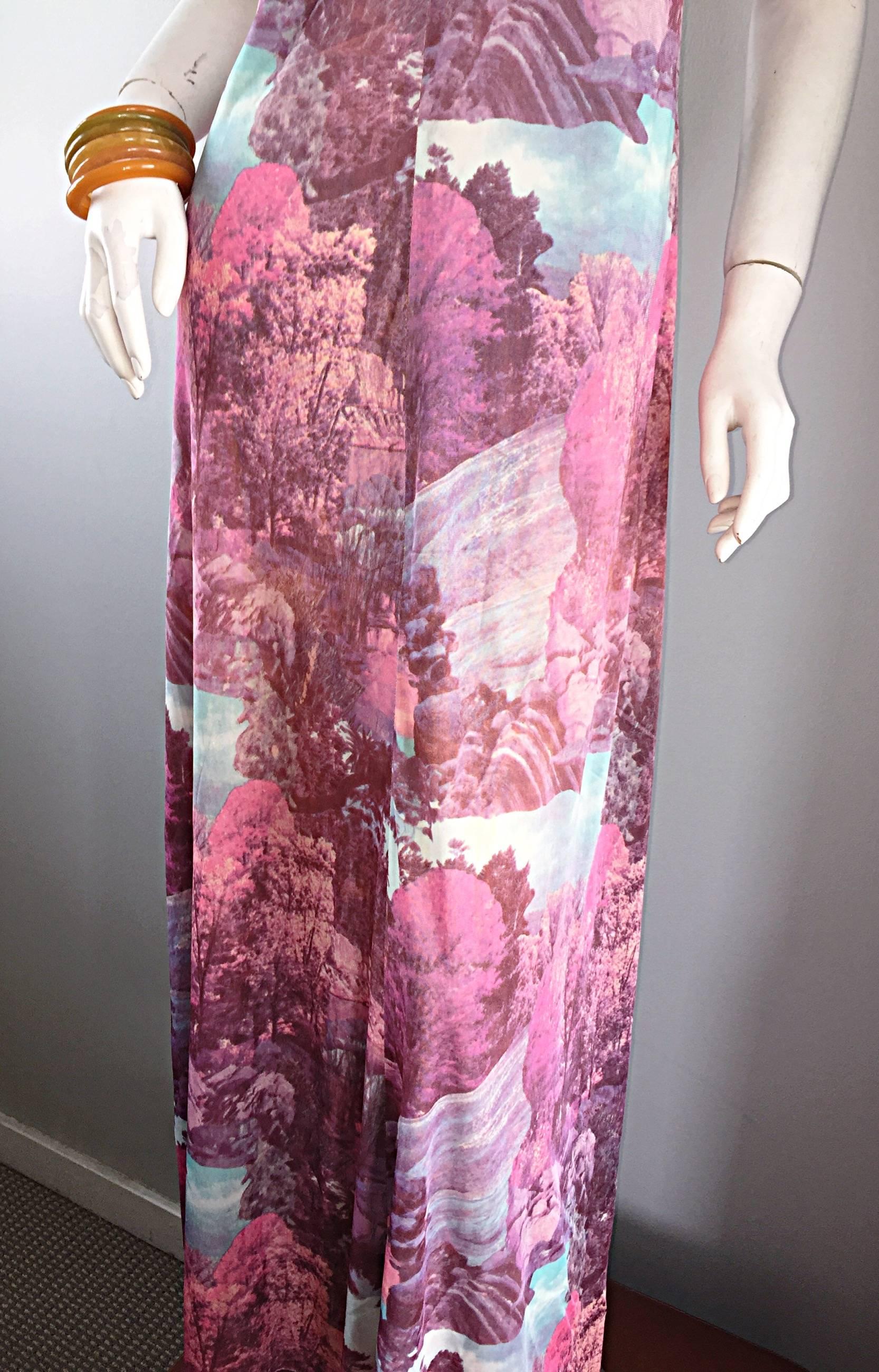 Amazing 1970s Tree Print Novelty 70s Vintage Printed Waterfall Boho Maxi Dress  1