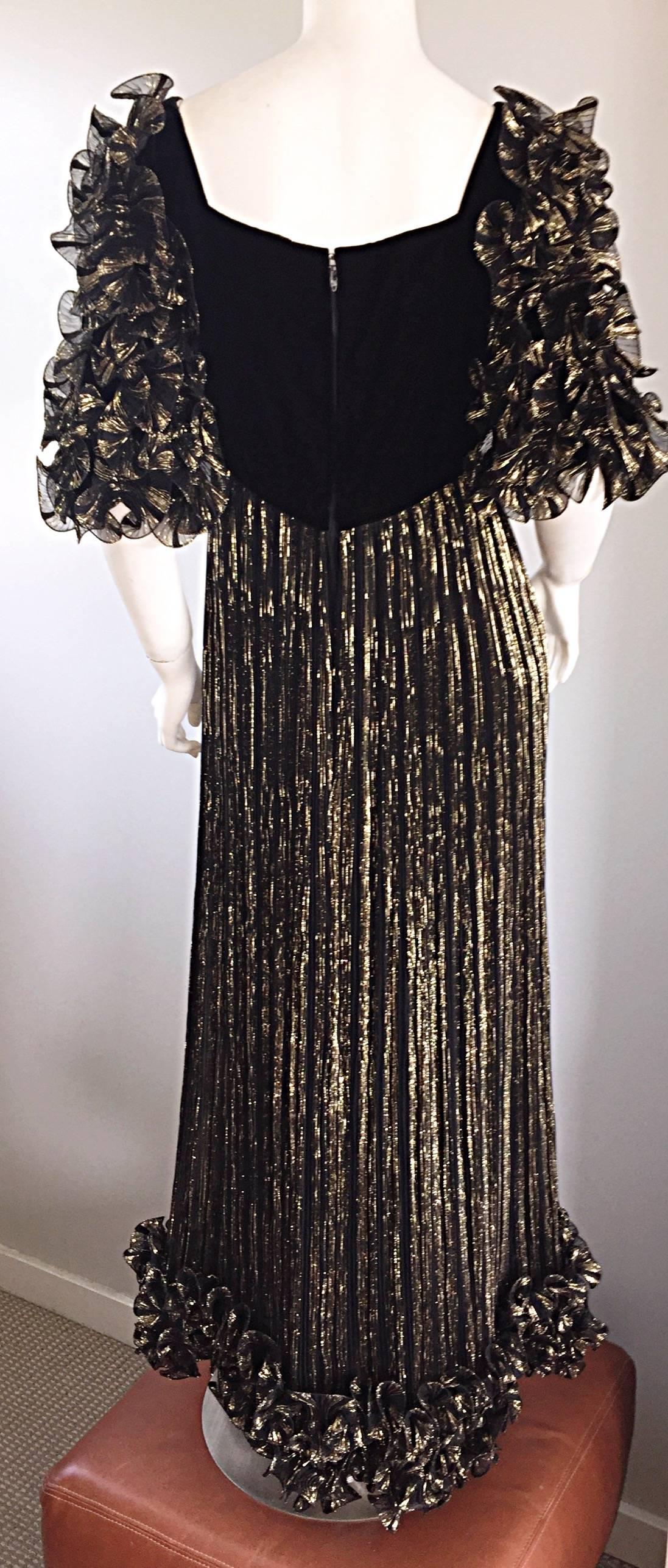 Alfred Bosand Vintage Black & Gold Plisse Pleated Ruffle Sleeve Silk Gown  For Sale 1