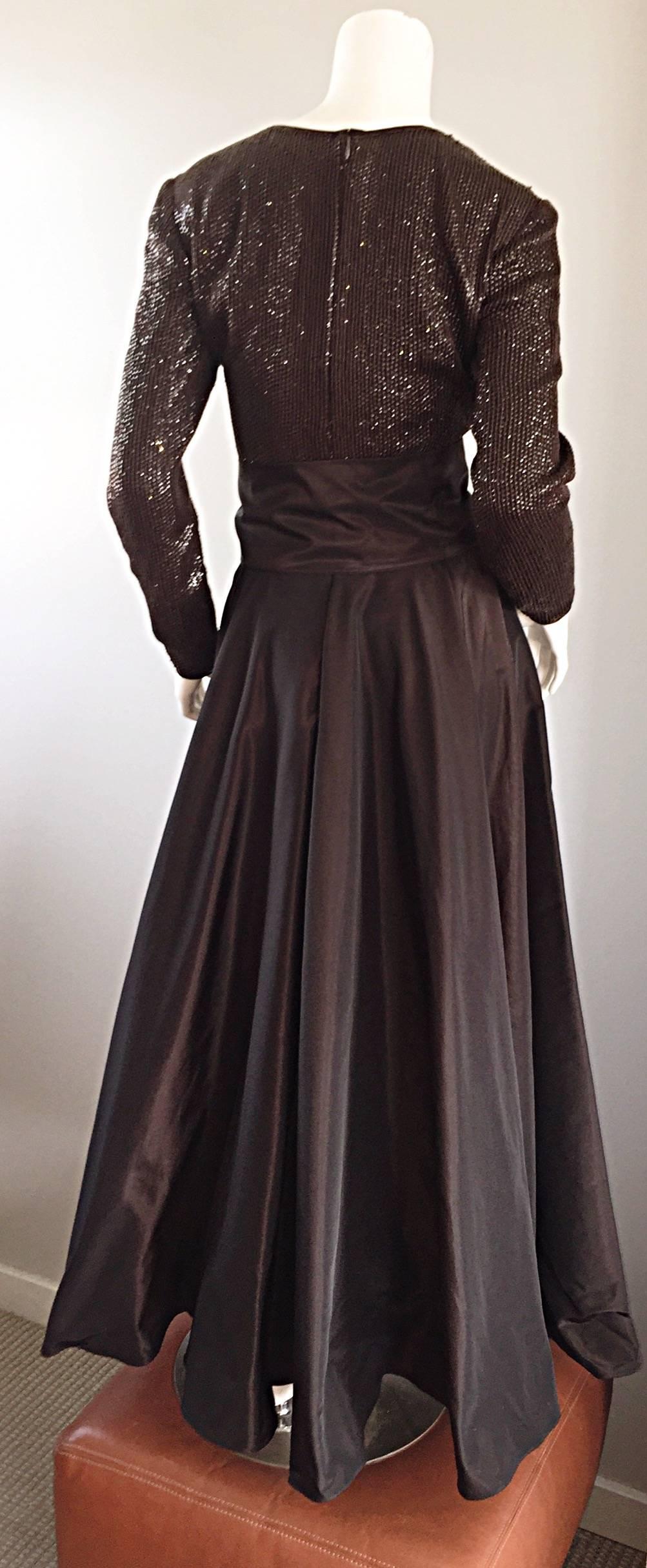 1990er Pamela Dennis Couture Größe 8 Vintage schokoladenbraun Pailletten-Taft-Kleid im Angebot 3