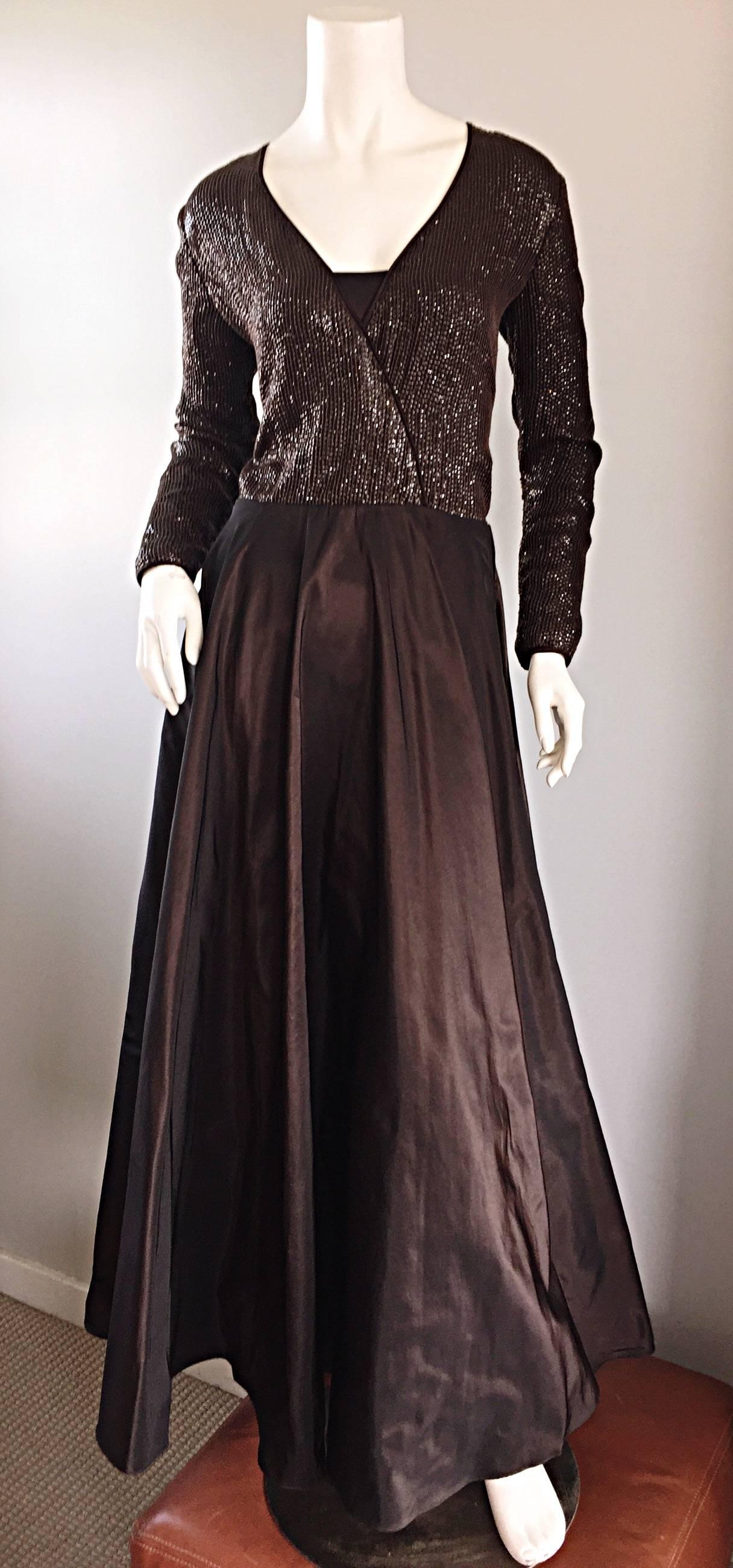 Exquisite vintage 90s PAMELA DENNIS couture, for BERGDORF GOODMAN, chocolate cocoa brown sequined and silk taffeta evening dress! Features all-over hand-sewn small brown sequins throughout the front and back of the bodice. Full taffeta skirt with