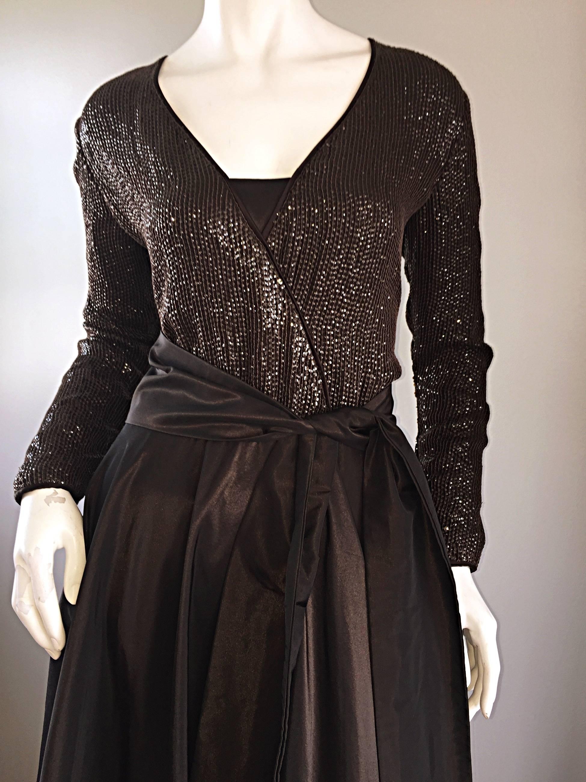 Black 1990s Pamela Dennis Couture Size 8 Vintage Chocolate Brown Sequin Taffeta Gown For Sale